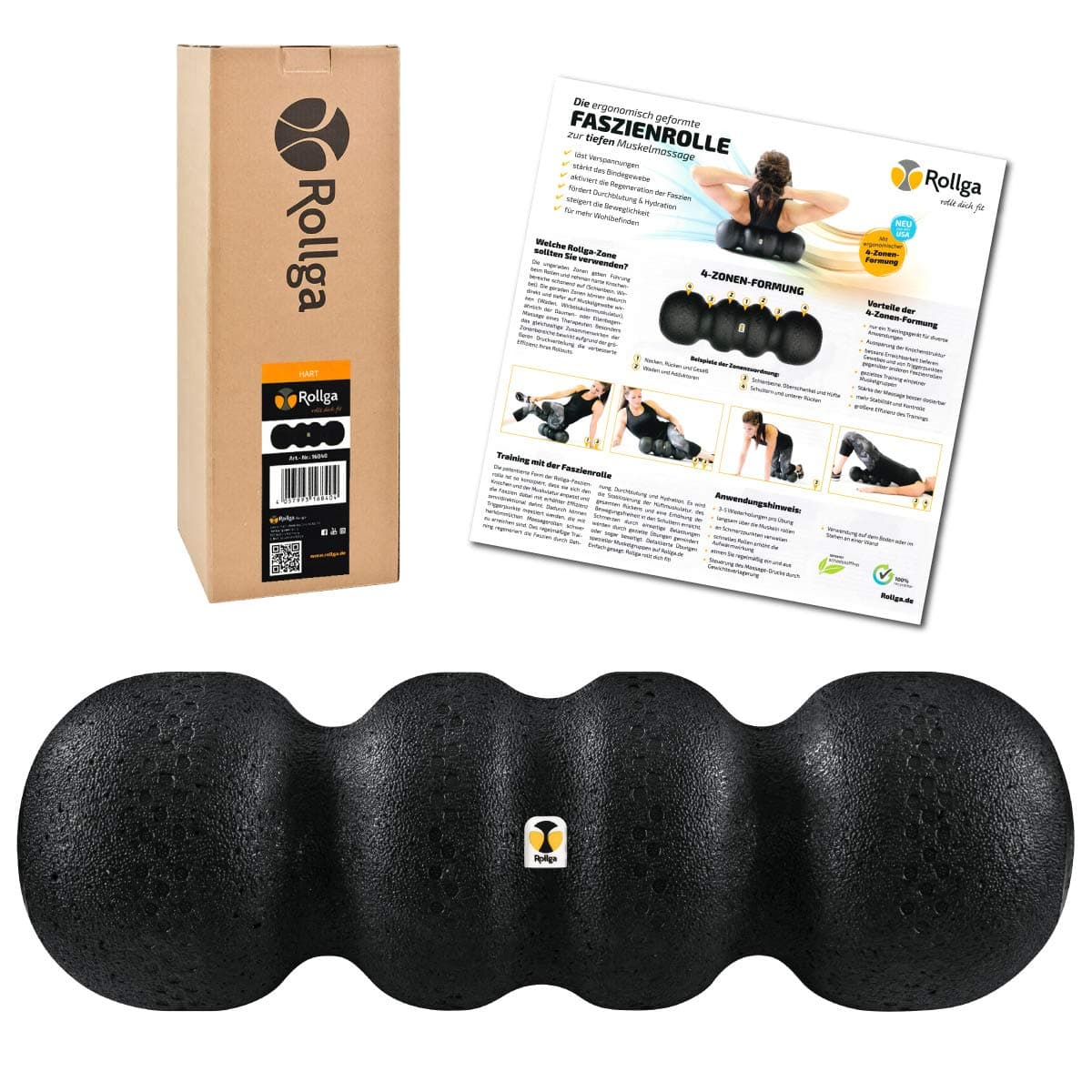 Rollga Foam Roller, HARD, black, 45cm, patented 4-zone design