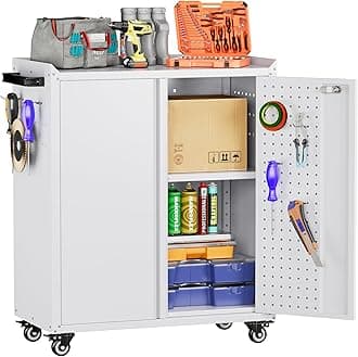 SUXXAN Metal Storage Cabinet with 2 Doors and 4 Hooks,34" H Top Workbench Mobile Tool Chests Garage Cabinets with 4 Wheels and Lock/Push Arm for Home,Office,Shop(White)