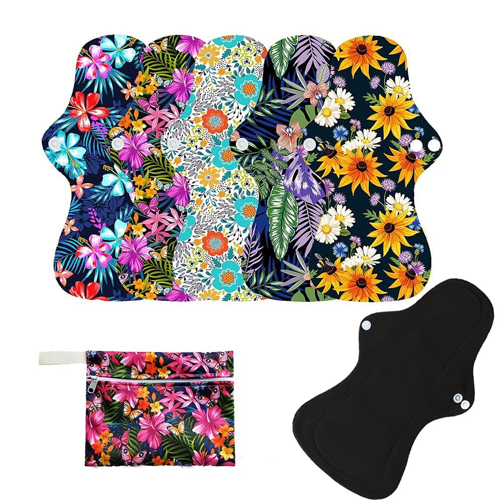 MissC2C 6Pcs Resuable Waterproof Menstrual Pad Sets Including 5Pcs Heavy Flow Menstrual Pads Mama Cloth Sanitary Napkins + 1Pc Mini Wet Bag