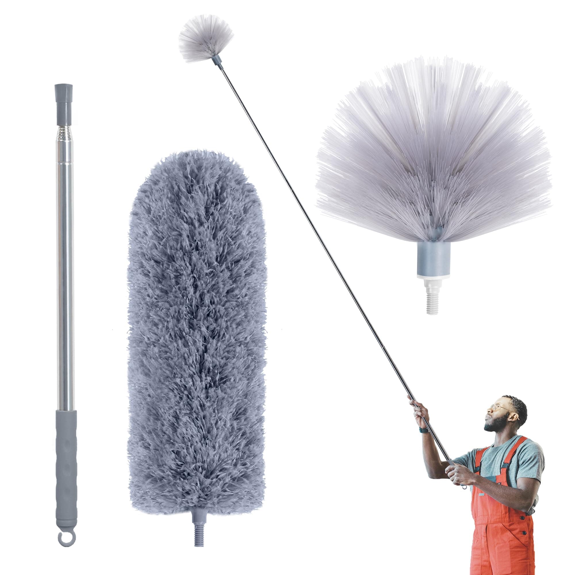 Cobweb Duster with Extension Pole, Spider Web Brush & Ceiling Cleaning Kit, 100" Microfiber Feather Duster Cleaner with Washable Head for Ceiling Fan, Furniture, Home