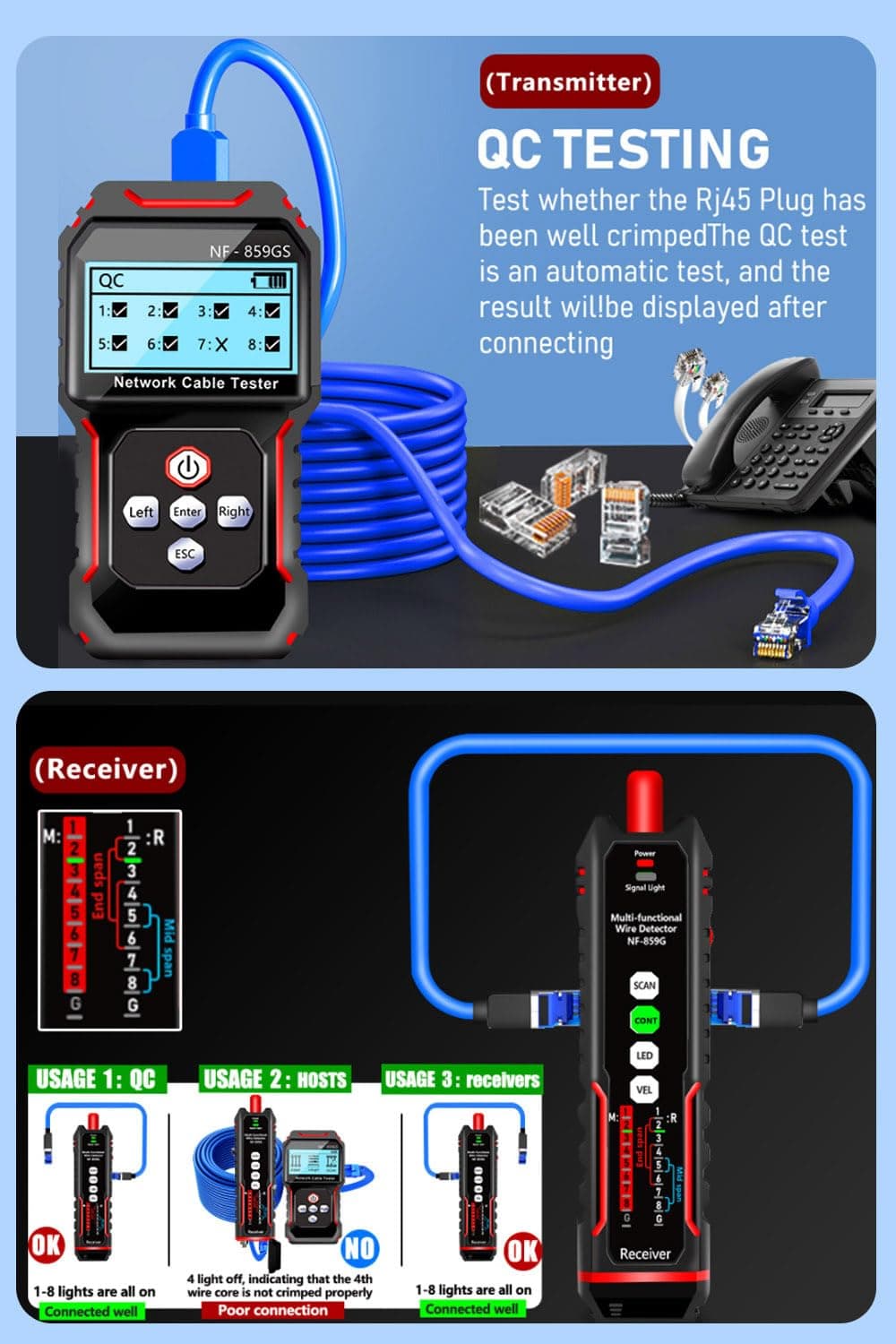 NOYAFA NF-859GS Network Cable Tester with red Light Pen 10mw Visual Fault Locator,for POE RJ45 RJ11 CAT5 CAT6 Cable Toner Continuity Test/Length Measure Fault Distance/Wire Tracer Ethernet LAN