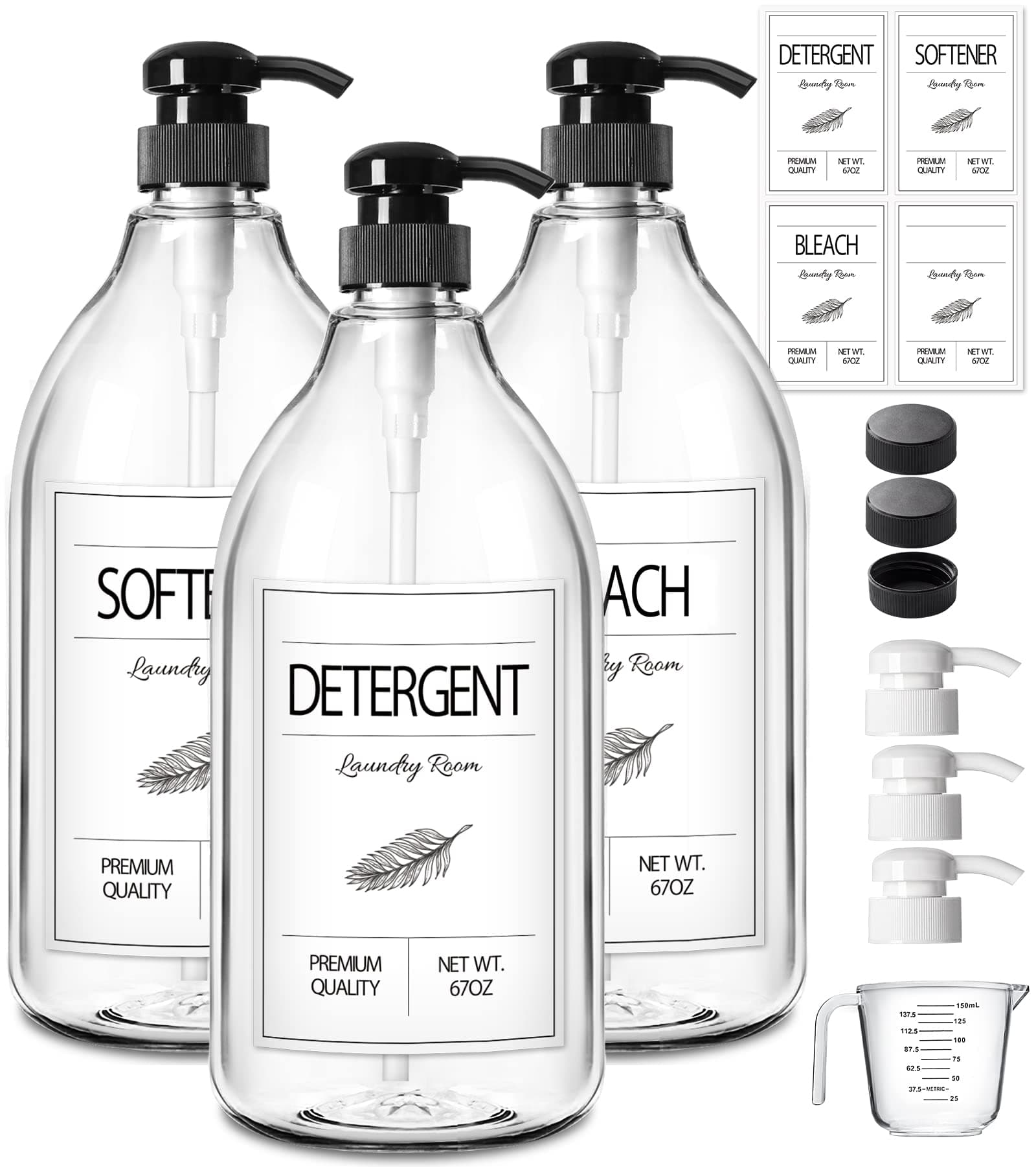 GMISUN Laundry Detergent Soap Dispenser, Liquid Laundry Detergent Dispenser, Container for Farmhouse Laundry Room Decor, Organizer for Liquid SoftenerBleach Heavy Duty Plastic Bottle(64 Oz 3 Pack)