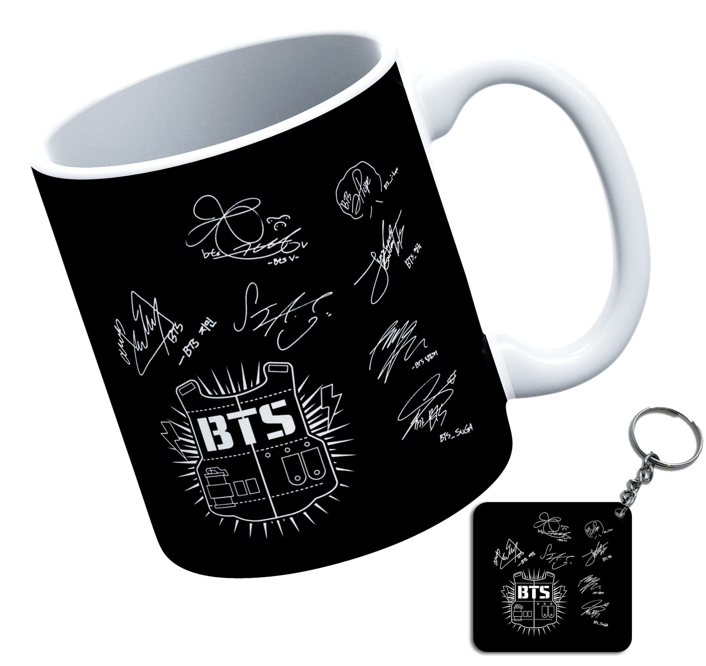 THE KAMY Ceramic Coffee Mug with Keychain Combo Set for BTS | BT21 | Butter Lovers, Printed on Both The Sides. (350 ML) (D03)