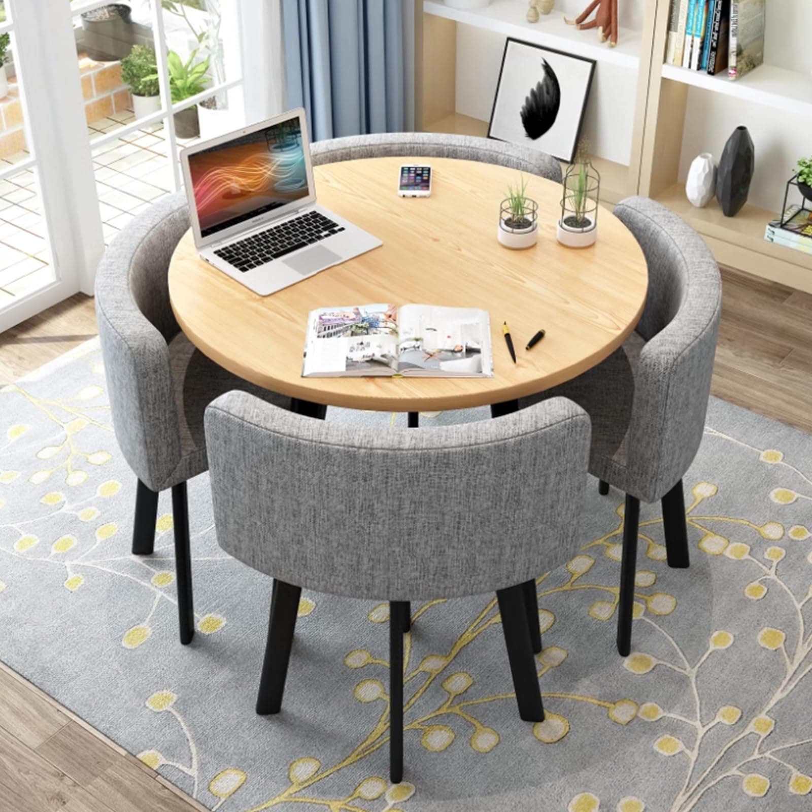 Round Kitchen Dining Table Set for 4, Space Saving Table and Chairs Set with Thick Tabletop 4 Upholstered Chairs, Dinning Room Modern Casual Coffee Table Set(D 31.5inch/80cm, Light Gray)