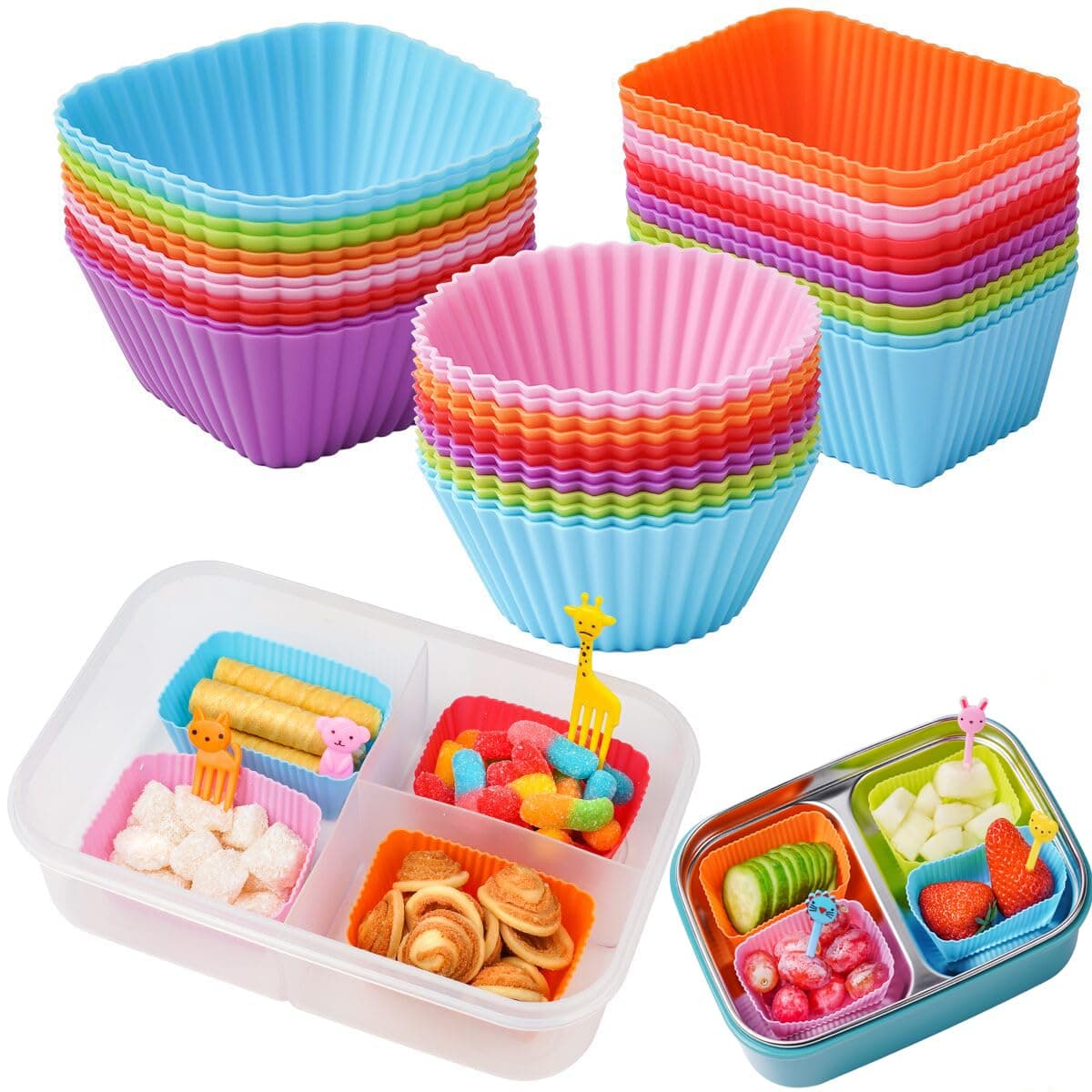 Liamasum Silicone Cupcake Muffin Baking Cups Liners 24 Pack Reusable Non-Stick Cake Molds Sets Bento Box