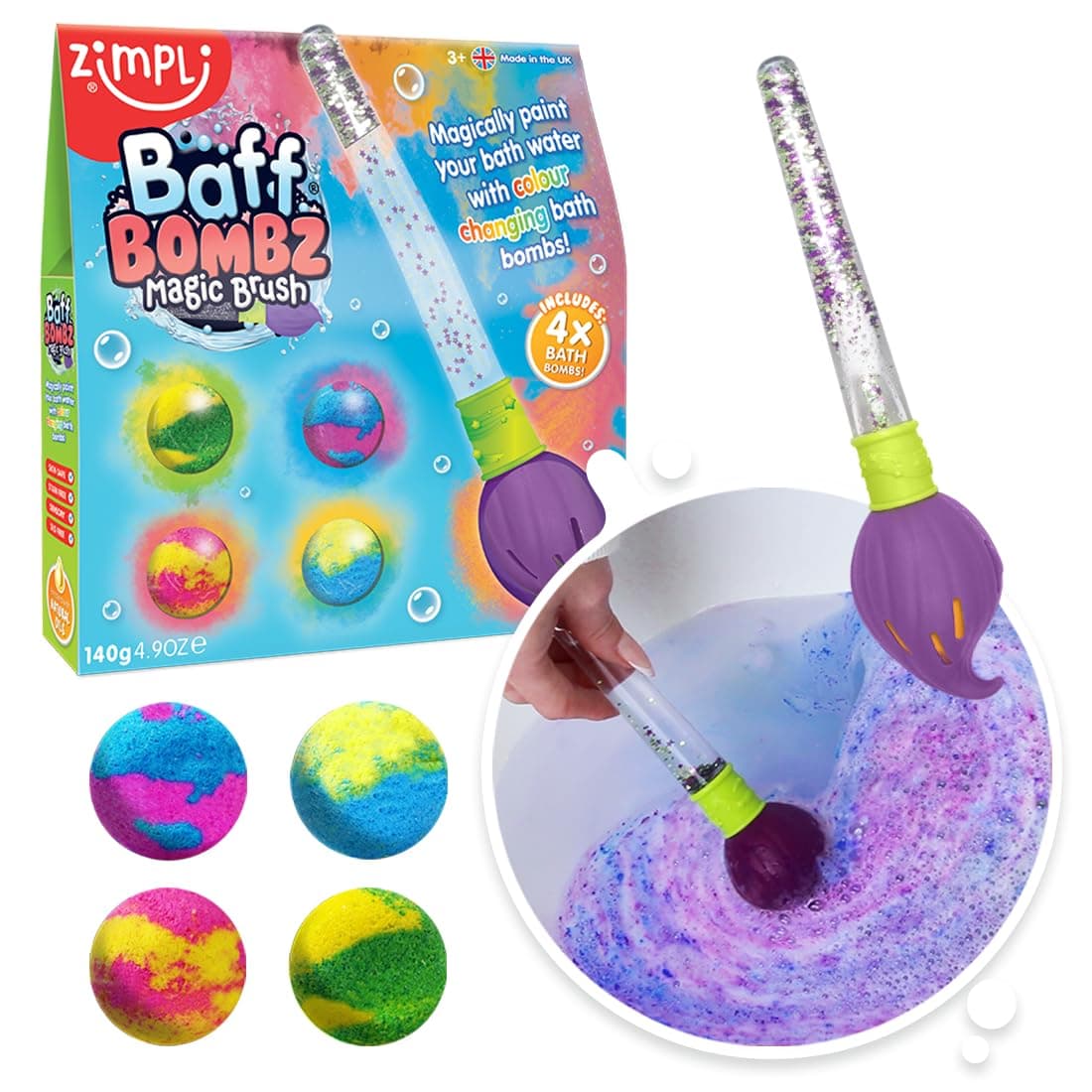 Zimpli Kids Baff Bombz Magic Brush from, 4 x Bath Bombs, Magically Paint your Bath Water, Creative Bath Toy for Children, Birthday Gifts for Boys & Girls, Pocket Money Toy, Moisturising Bath Fizzers