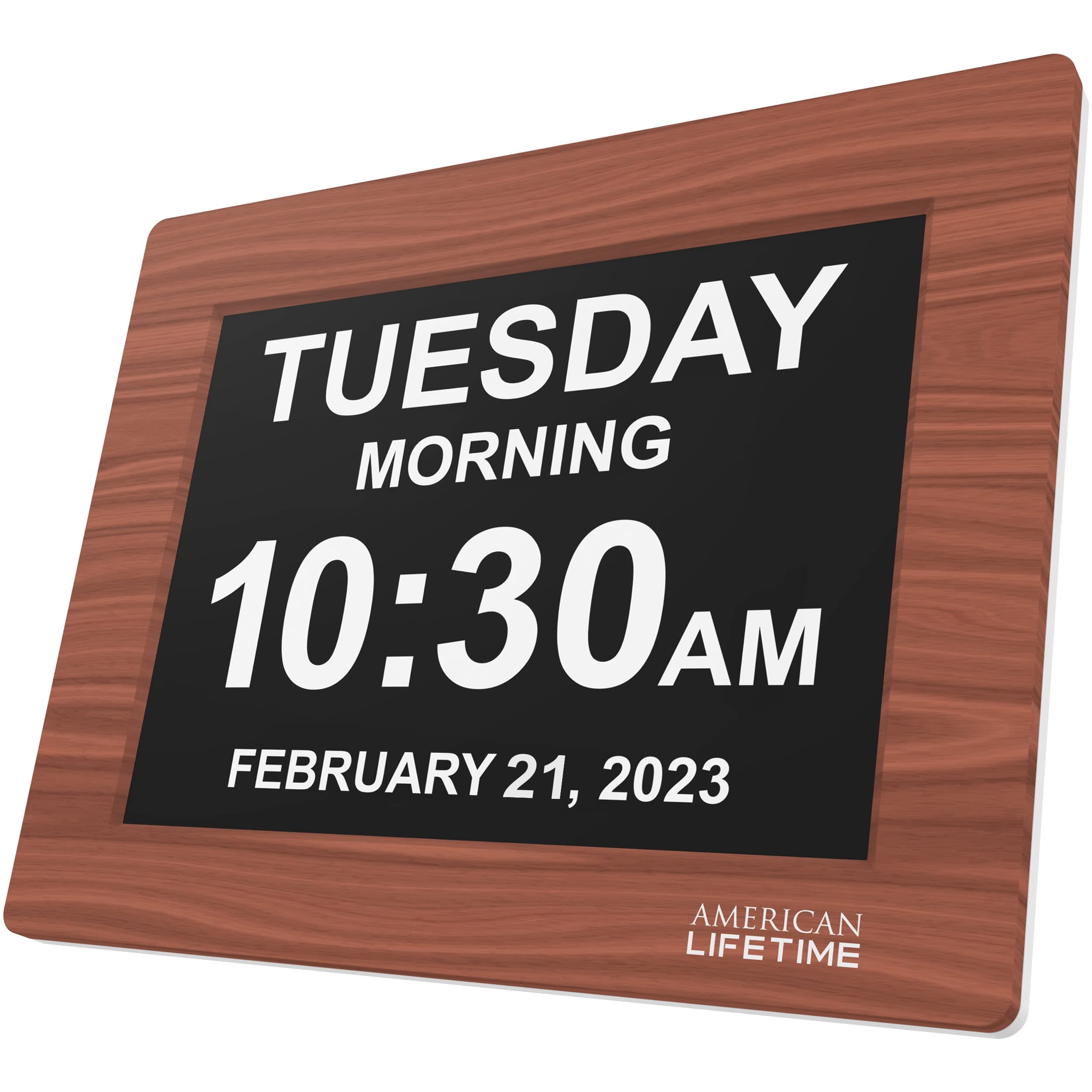 American Lifetime Upgraded Version, Day Clock Extra Large Impaired Vision Digital Clock with Backup and 5 Alarm Options, Brown Wood