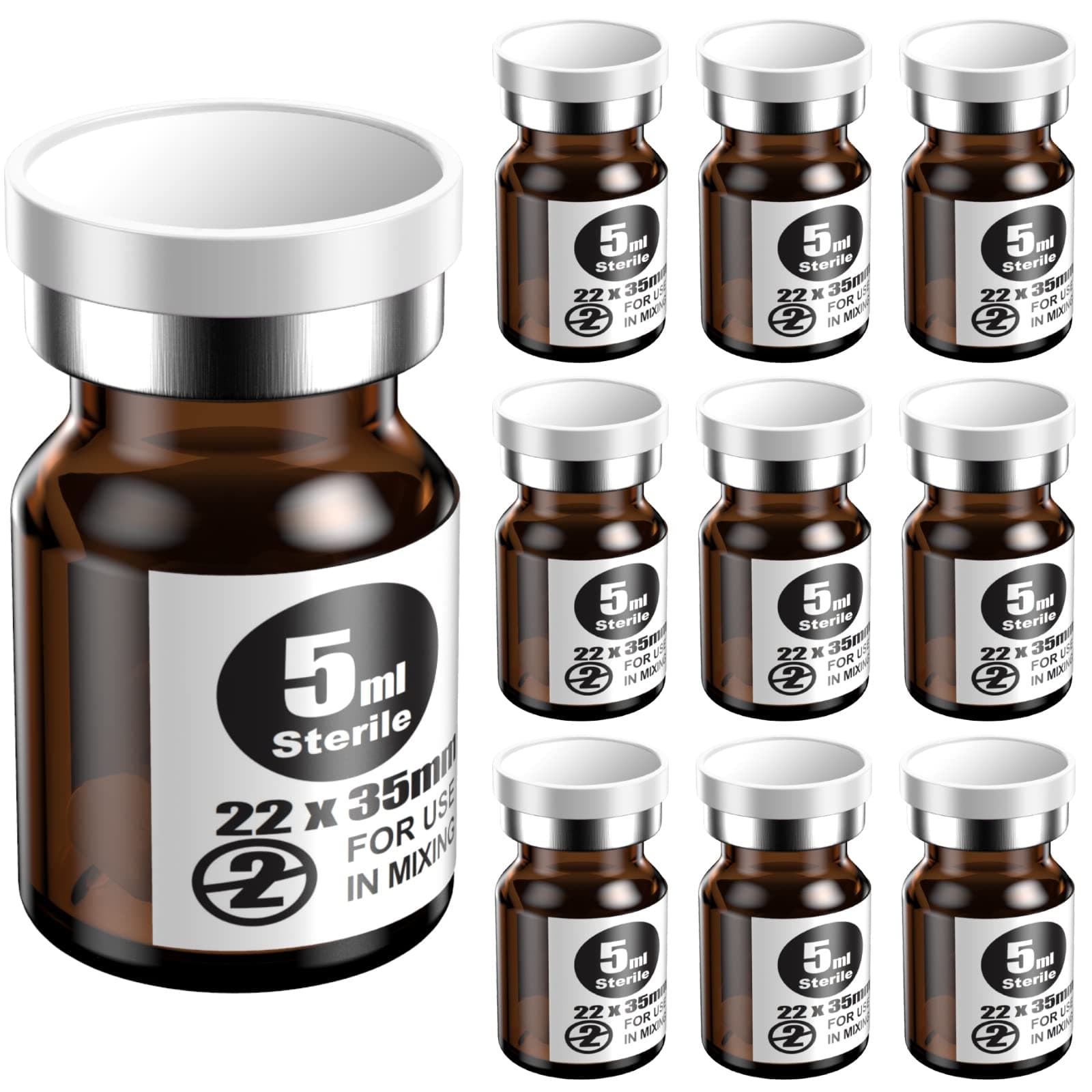 Ks-Tek Sterile Empty Vials with Self Healing Injection Port,with Aluminum Plastic Cap,Sterile Package (5ml Amber,10)