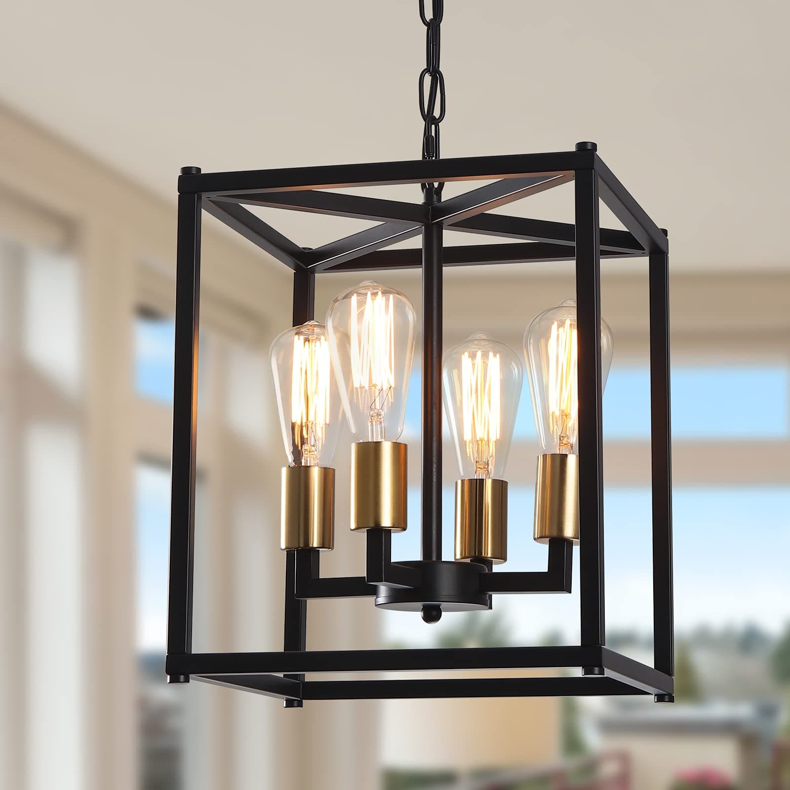 Lantern Pendant Light, 4-Light Gold Chandelier,Modernized Ceiling Hanging Light Fixture for Bedroom Kitchen Island Foyer Living Room Dining Room Hallway