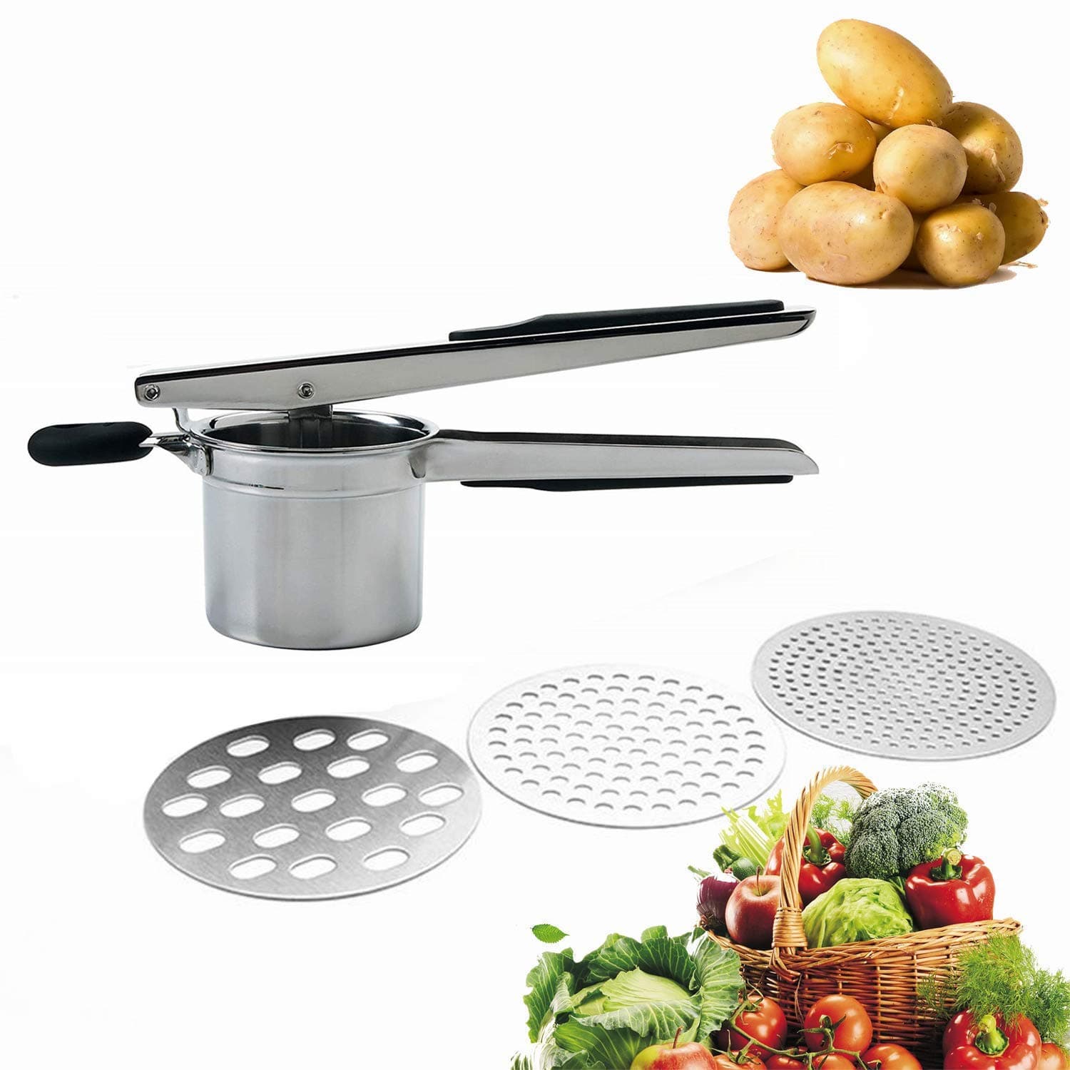 Potato Ricer and Masher with 3 Interchangable Discs Multifunction Fruit Masher Kitchen Supplies Stainless Steel Food Mashers
