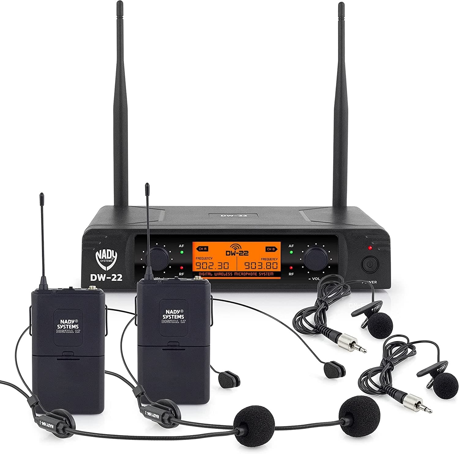 DW-22-LT-HM Dual Digital Wireless Lapel & Headset Microphone System – 902.3MHz / 903.8MHz (Non-Adjustable), Plug and Play Set-up, and 300 ft. Range
