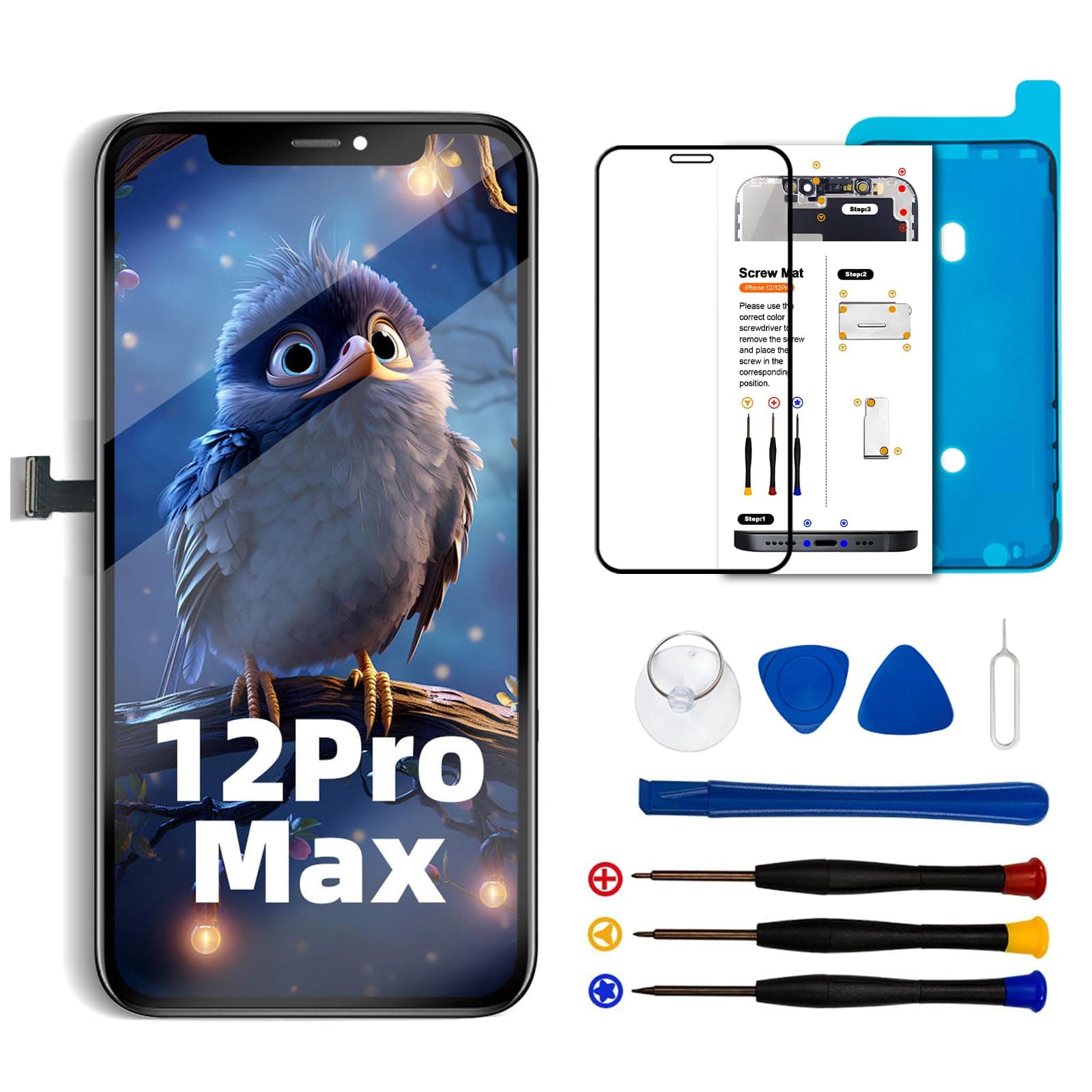 for iPhone 12 Pro Max Screen Replacement Kit 6.7 inch, Full HD LCD Display 3D Touch Screen Digitizer Full Assembly + Repair Tools + Screen Protector