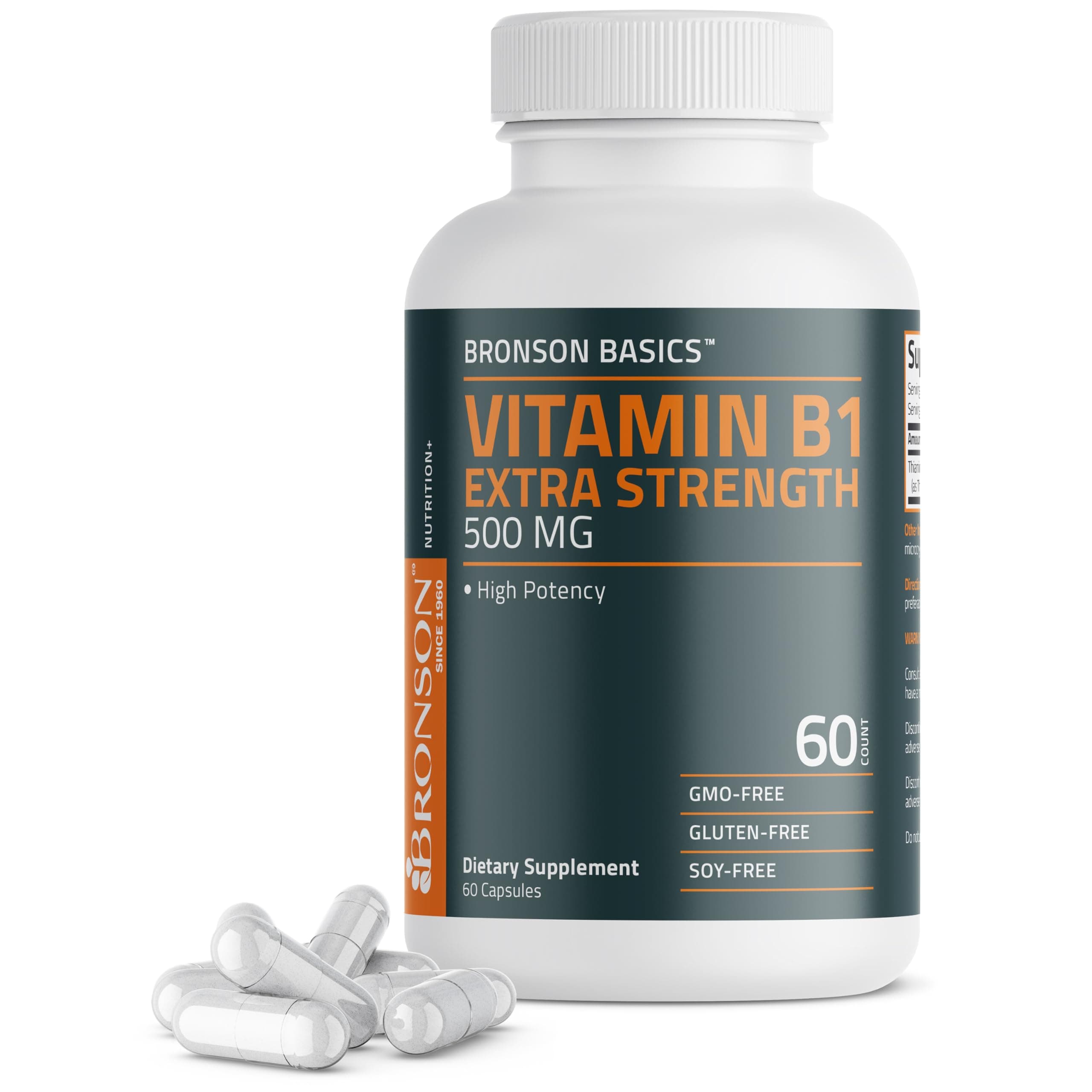 Vitamin B1 Extra Strength 500 MG High Potency Non-GMO, 60 Capsules