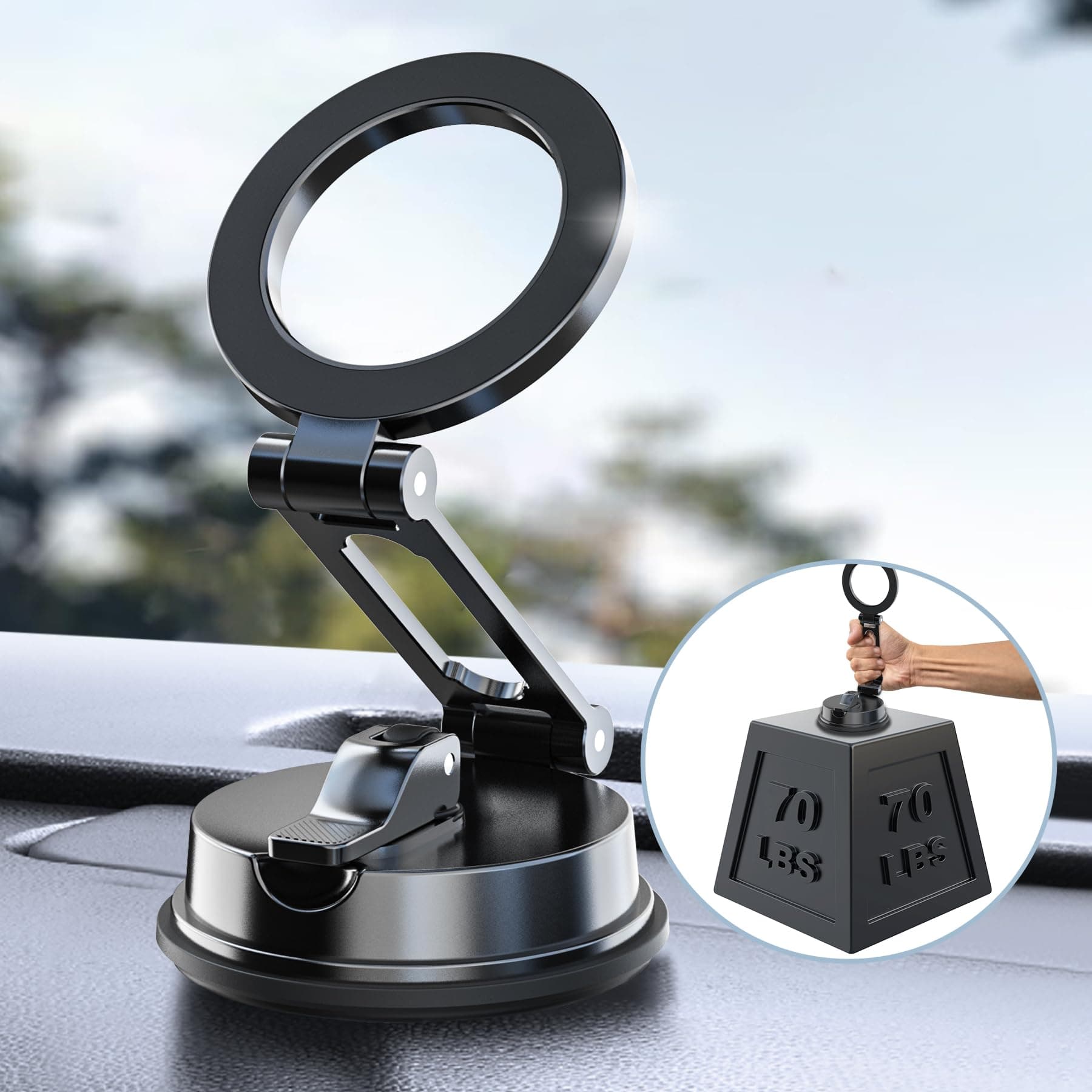 Magnetic Car Mount Never Falling Dual-Fixing[Suction Cup+Adhesive], Foldable 360° Rotation Dashboard Windshield Magnetic Phone Holder for Car, Car Phone Holder for iPhone 16/15/14/13/12