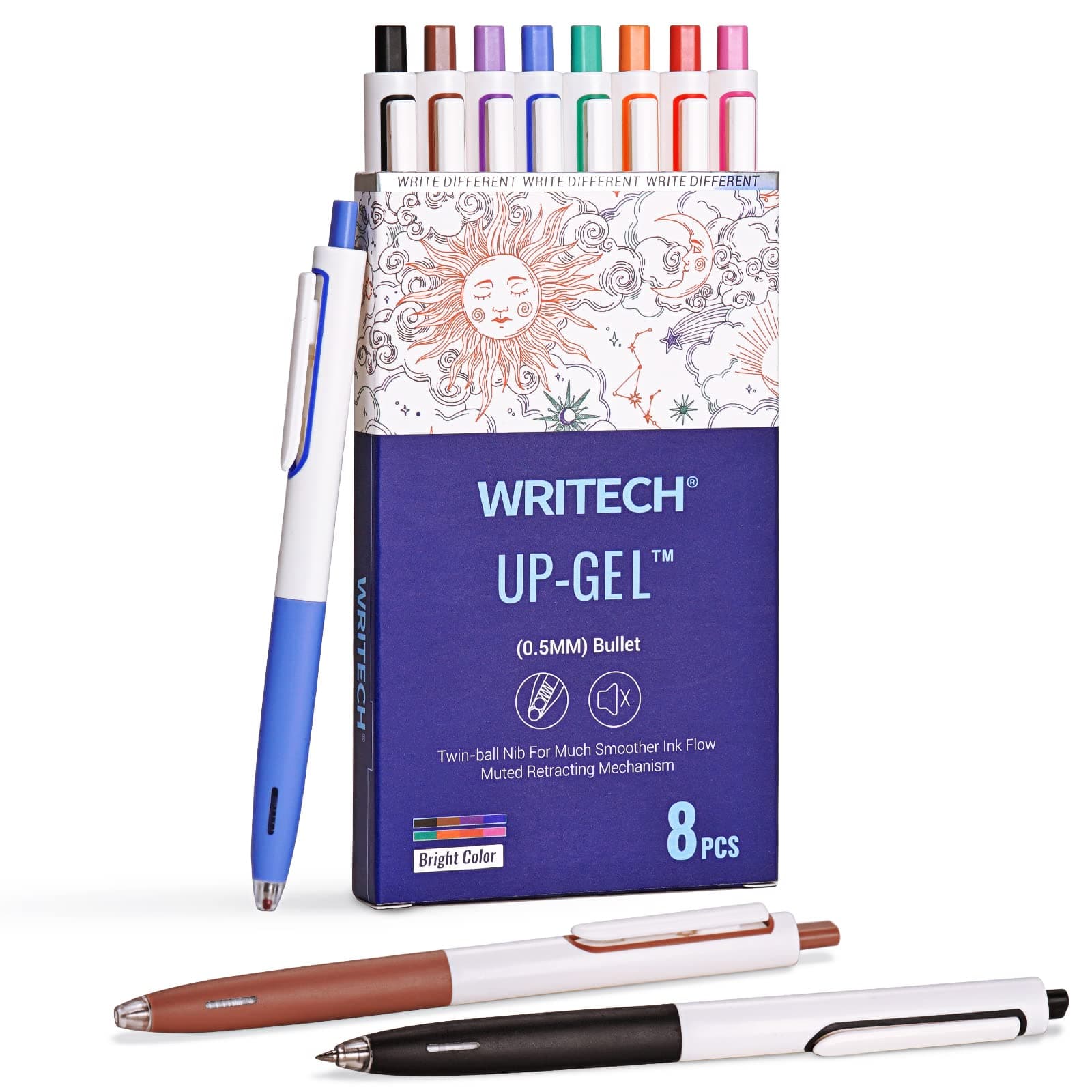WRITECH Retractable Gel Ink Pens: Multicolor 0.5mm Fine Point Pen No Smear & Bleed for Journaling Sketching Drawing Notetaking Extra Smooth Writing Silent Click Pen Set Up-Gel 8ct