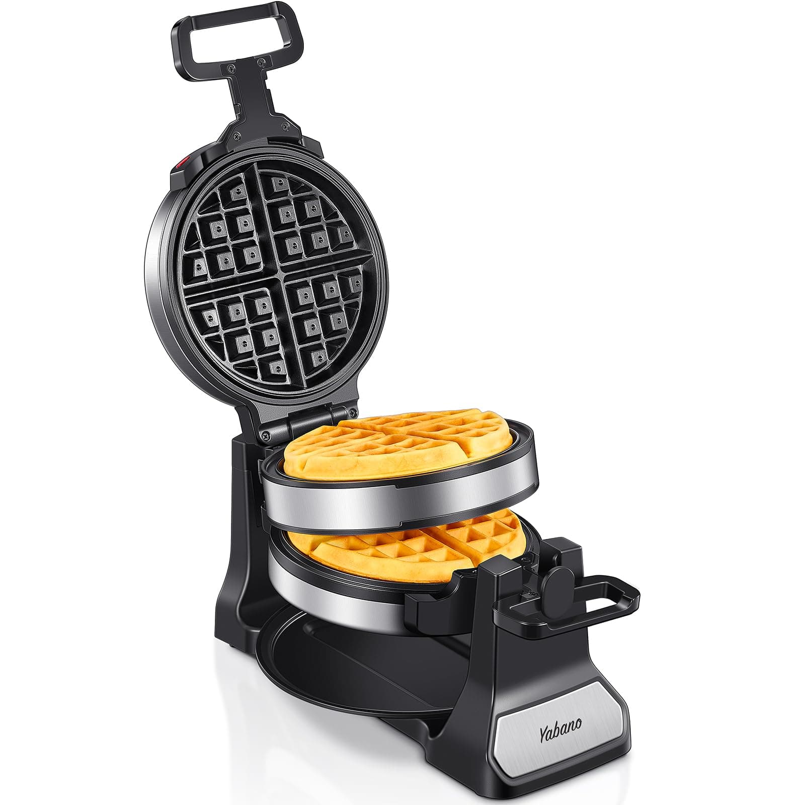 Belgian Waffle Maker, Classic Rotating Waffle Iron with Nonstick Plates, Removable Drip Tray and Cool Touch Handles, Double Flip Waffle, Rotating Belgium Waflera Maker by Yabano, Brushed Stainless