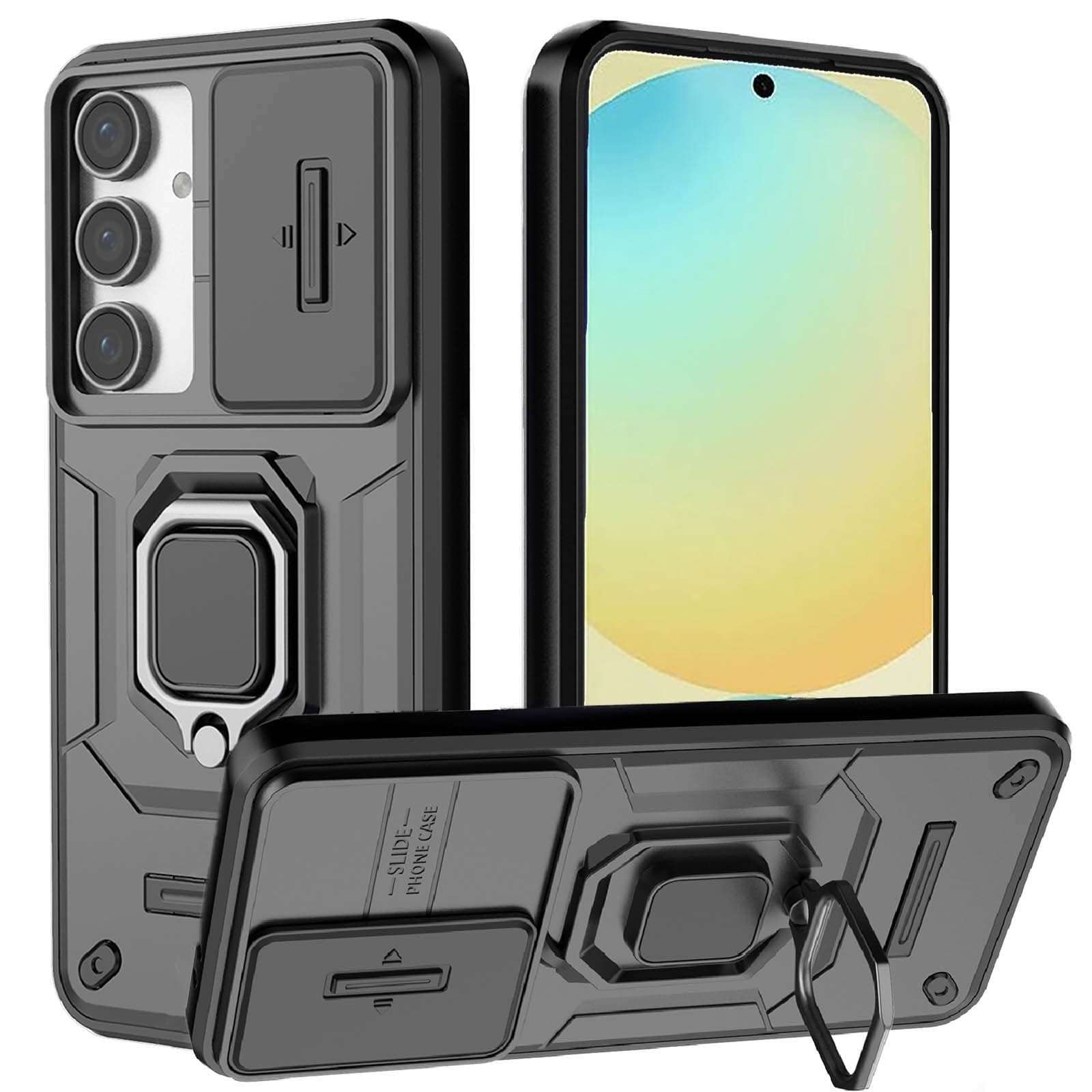 for Samsung S24 FE Case,Samsung Galaxy S24 FE Case with [Sliding Camera Cover][360° Rotate Ring Kickstand] Heavy Duty Protective Shockproof Phone Case for Samsung S24 FE Cover,Black