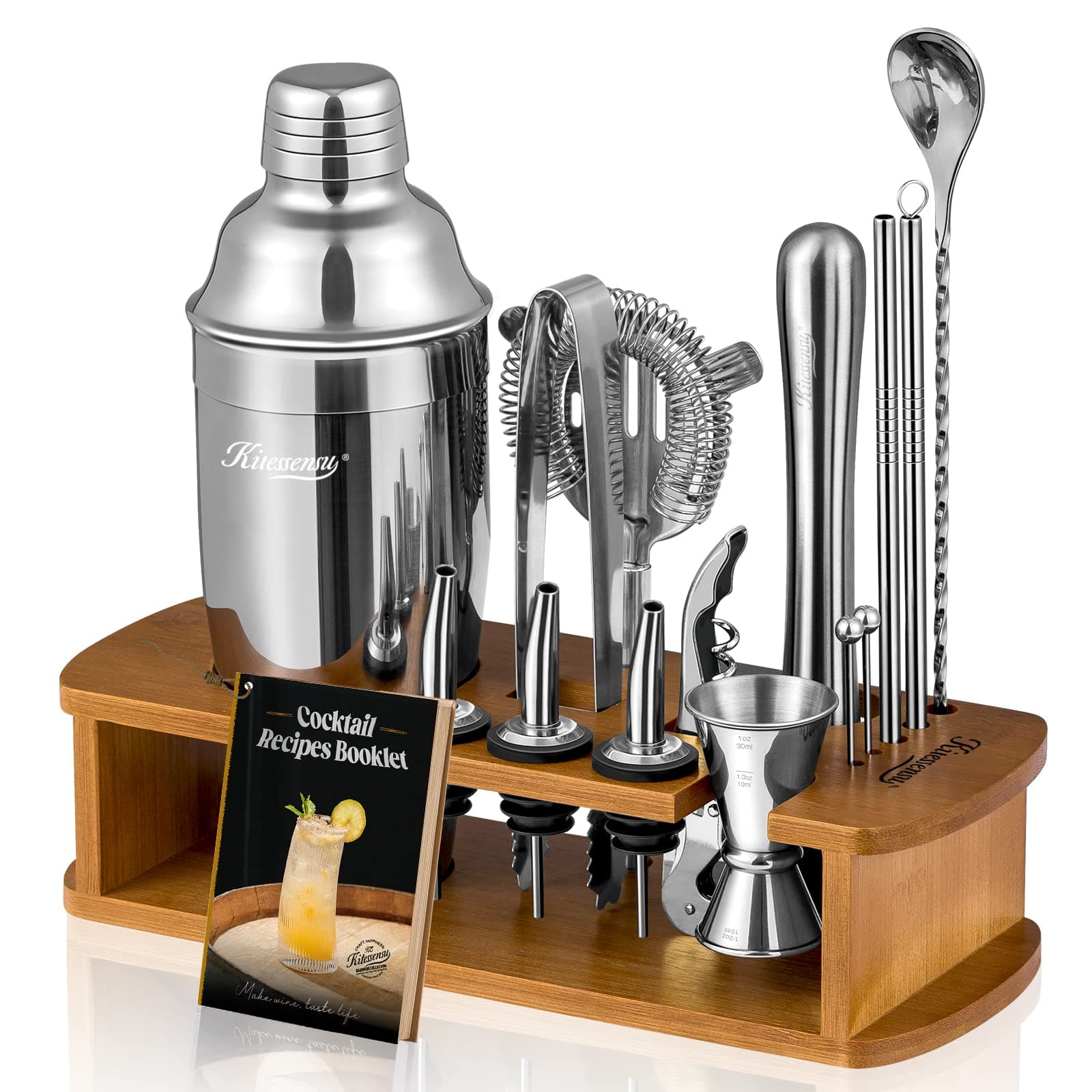 KITESSENSU Cocktail Making Set with Stand, Cocktail Shaker Set Bartender Kits Bar Tools Drink Mixer - Martini Shaker, Jigger, Strainer, Mixer Spoon, Muddler, Liquor Pourers - Silver