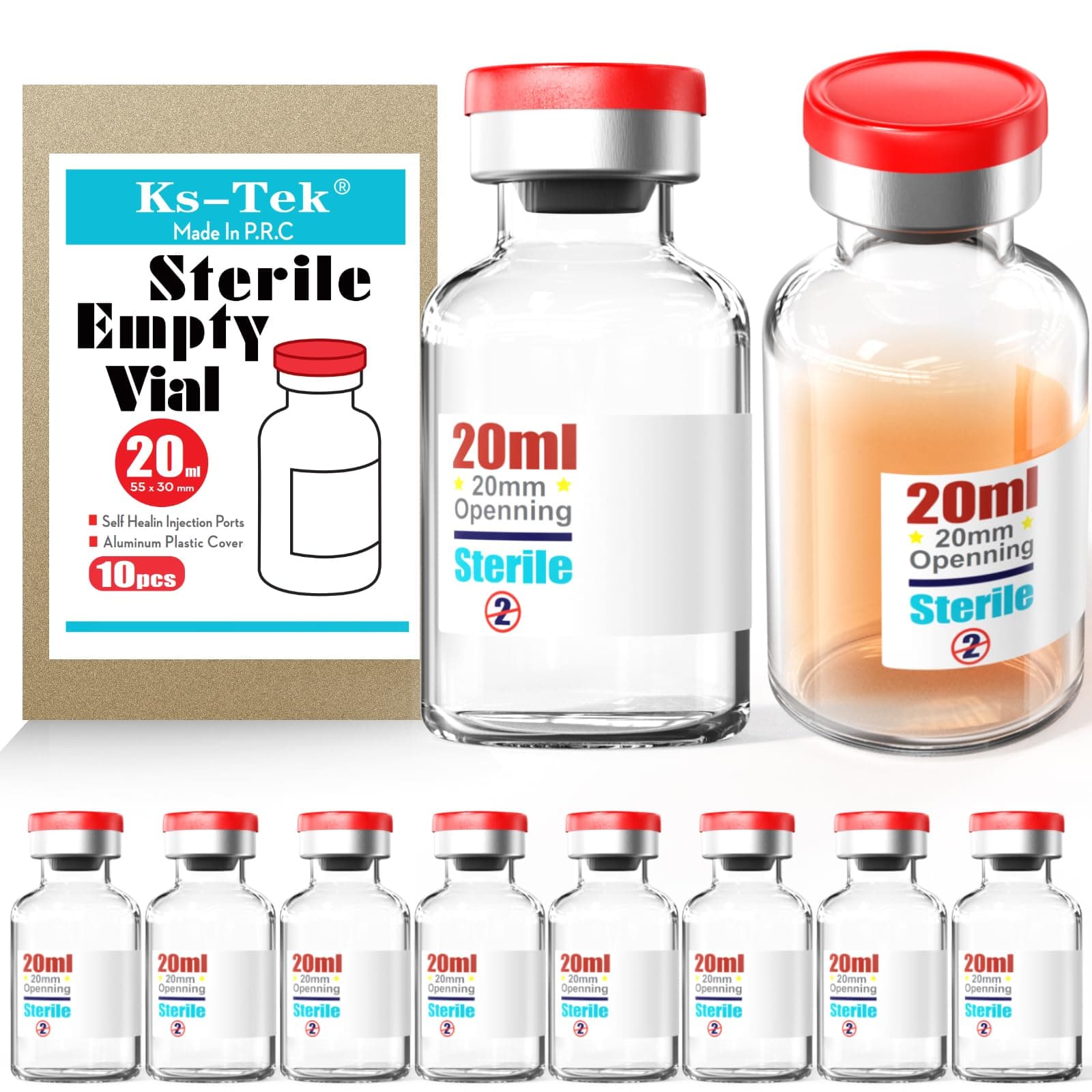 Sterile Empty Vials with Self Healing Injection Port,with Flip Off Aluminum Cap,Sterile Package (20ml,10)