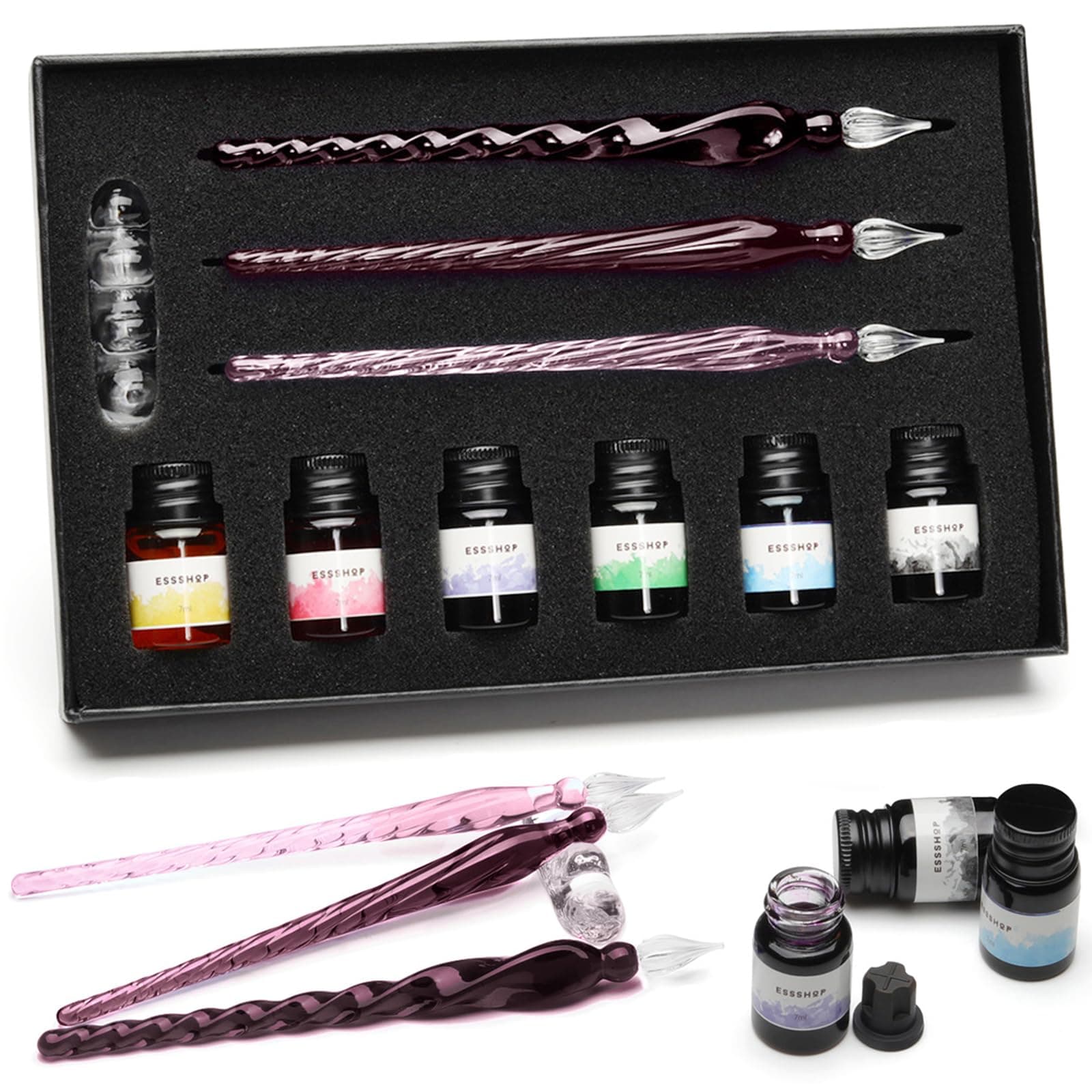 Purple 3 Glass Dip Pens with Ink Set