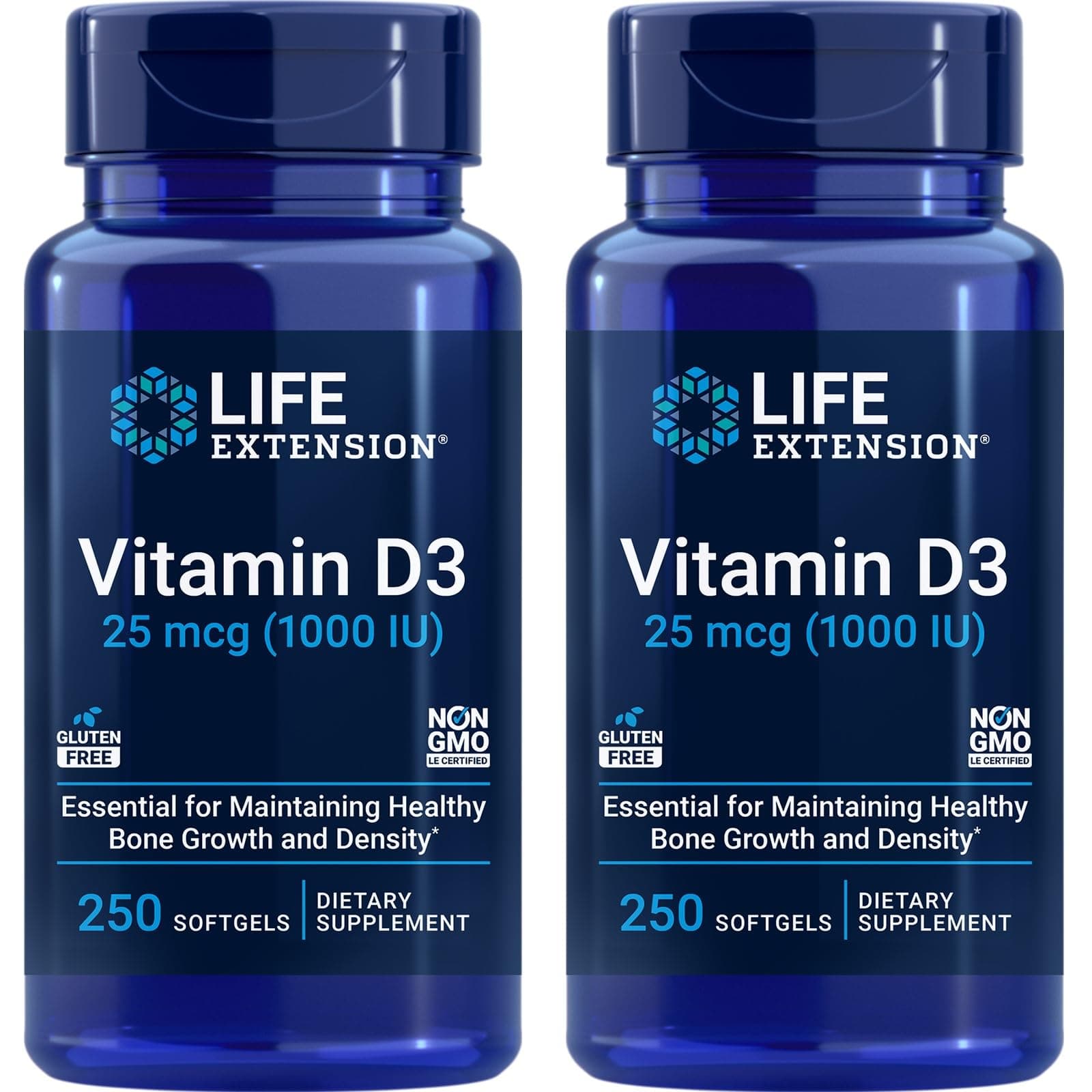 Vitamin D3 25 mcg (1000 IU), Immune System Support, Bone Health, Whole-Body Health, Value Size, Gluten-Free, Non-GMO – Two Pack - 2 x 250 Softgels