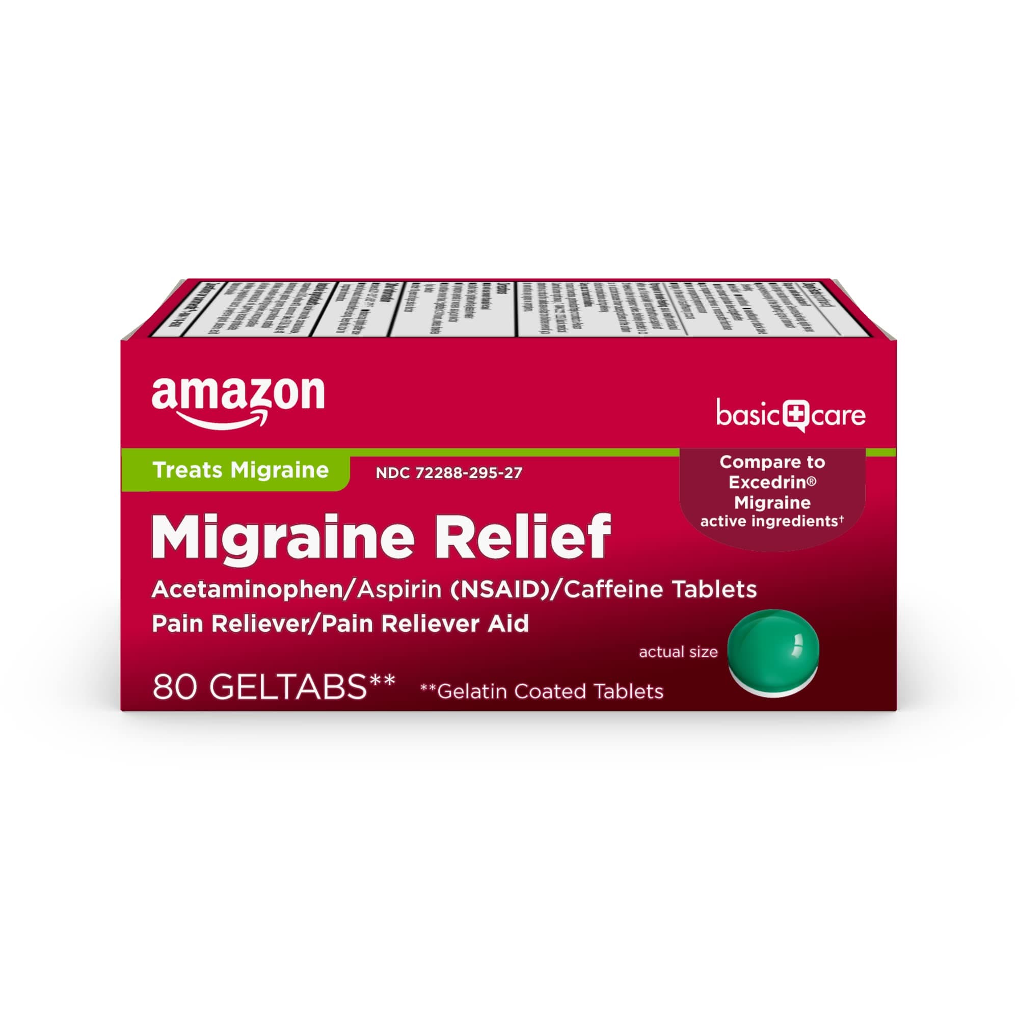 Amazon Basic Care Migraine Relief Geltabs, Pain Reliever, Acetaminophen 250 mg, Aspirin 250 mg (NSAID) and Caffeine 65 mg, Headache Relief, 80 Count