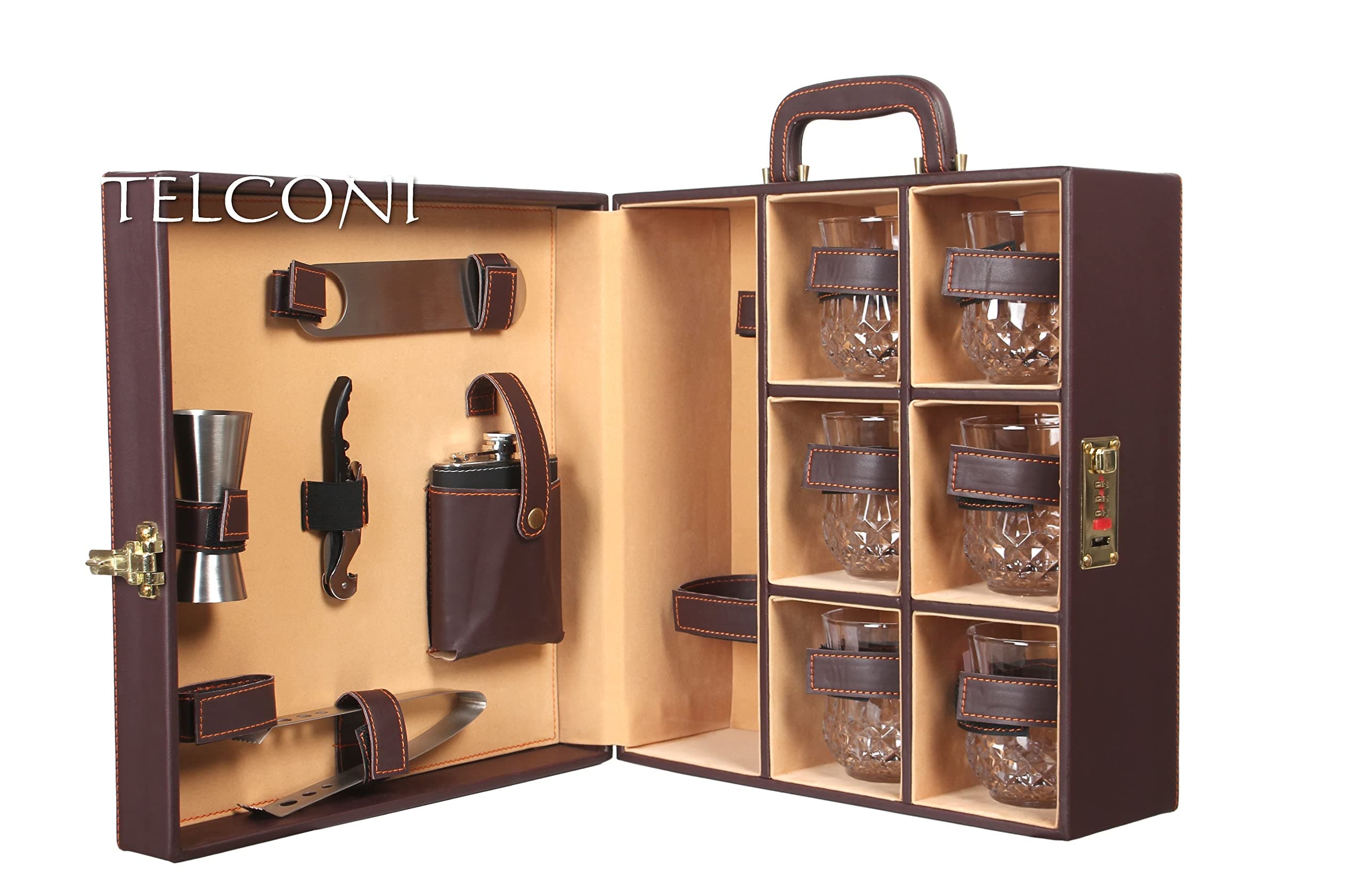 Bar Accessories | Mega Bar Set | Portable Leatherette Briefcase Bar Set | Bar Set | Bar Set For Picnic | Bar Set For Travel | Bar Set For Car | Whiskey Glasses
