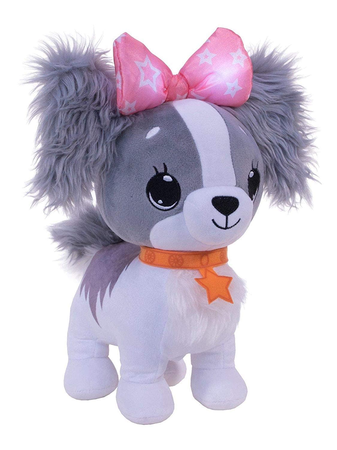Wish Me Pets - Light Up LED Plush Stuffed Animals - Fluffy Grey Cavalier Puppy with Pink Bow