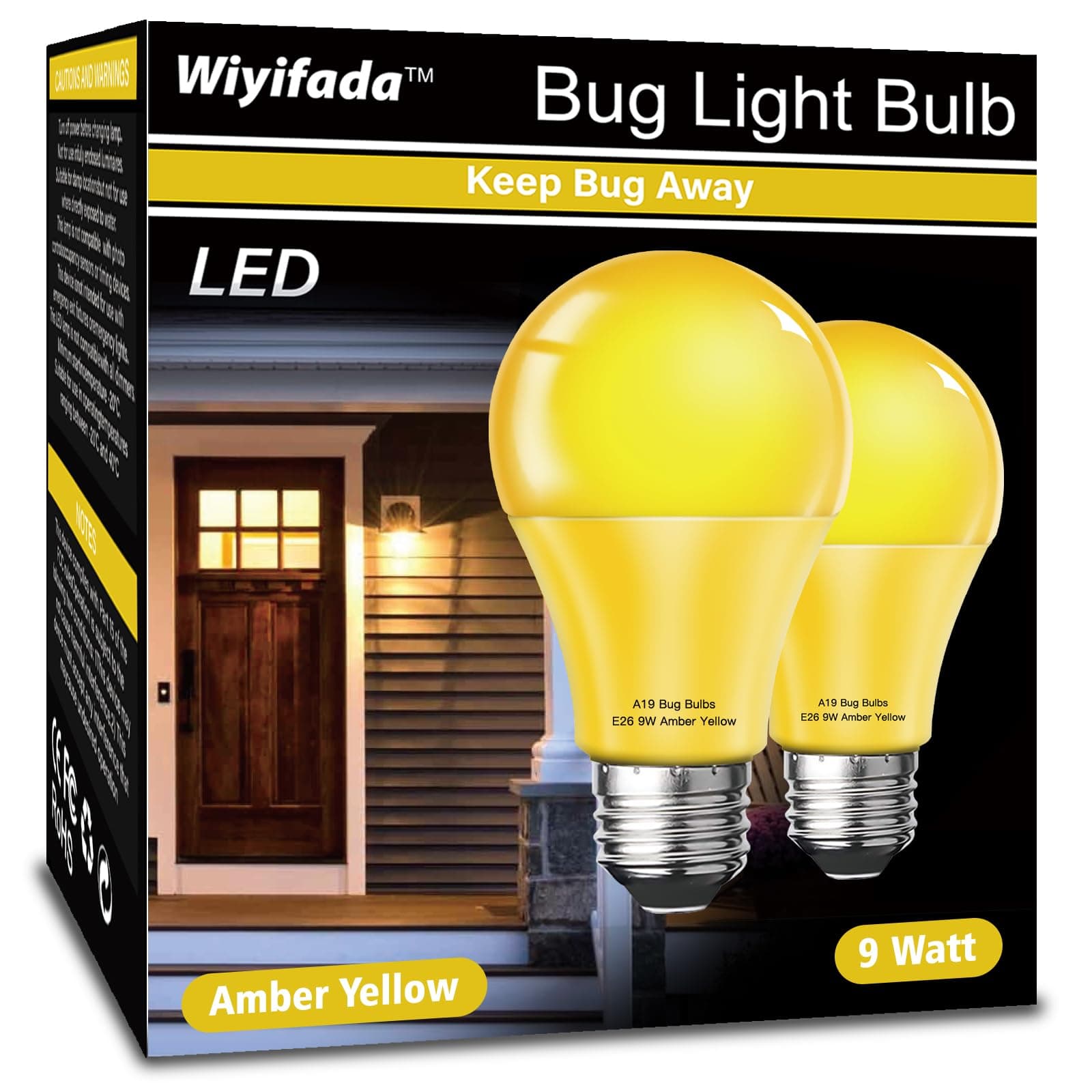 LED Bug Light Bulbs Outdoor 2 Pack, 9W Amber Light Bulbs, 100W Equivalent, A19 Amber Bug Lights for Outside, Bedroom, Hallway Porch Light,Warm Light Bulb