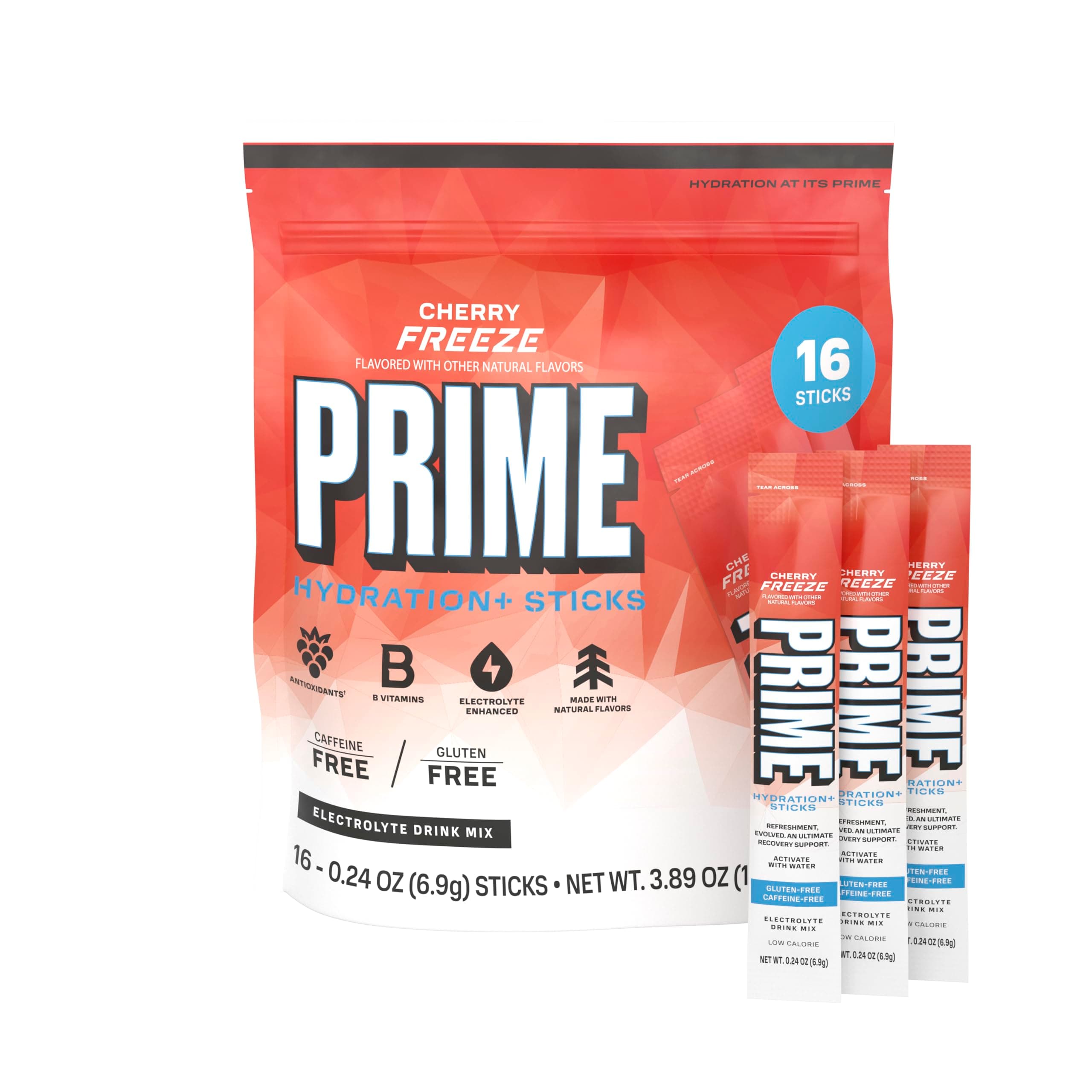 PRIME HYDRATION+ Cherry Freeze Hydration Powder Sticks | Low Sugar, Caffeine-Free, Vegan | 16 Sticks