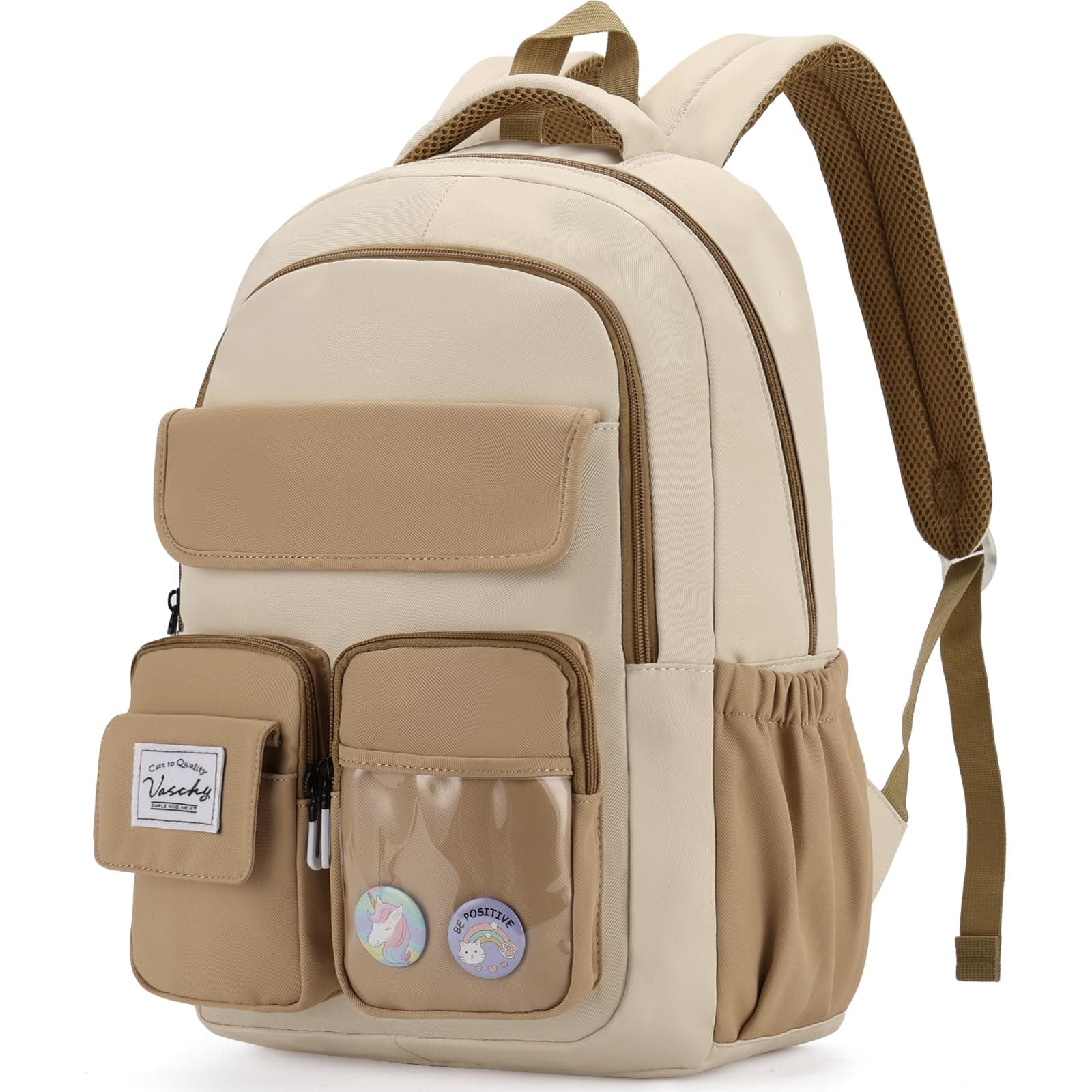 VASCHY Backpack for Girls, Cute School Bag Bookbag for Elementary Middle Schooler Teen Girls/Kids Travel with Clear Pin Pouch Khaki