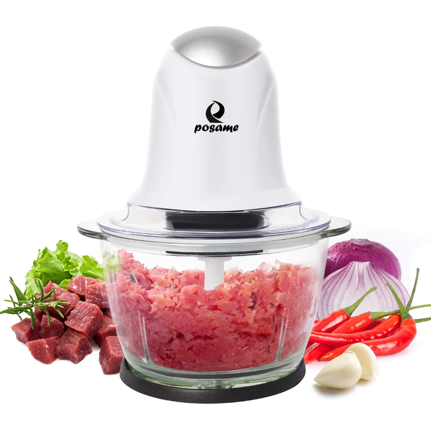 Meat Grinders Electric Food Processor,Mini Kitchen Food Chopper Vegetable Fruit Cutter Onion Slicer Dicer, Blender and Mincer, with 4-Cup Glass Bowl (White)