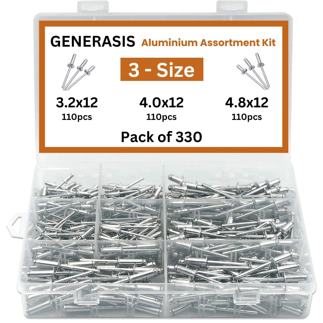 Generasis Blind Rivet Aluminium Set 3.2 x 12, 4.0 x 12 and 4.8 x 12, Metal POP Rivets for Riveting Gun/Riveter Machine, 3 Small Sizes, 110 Pieces Each, 330 Pieces Total