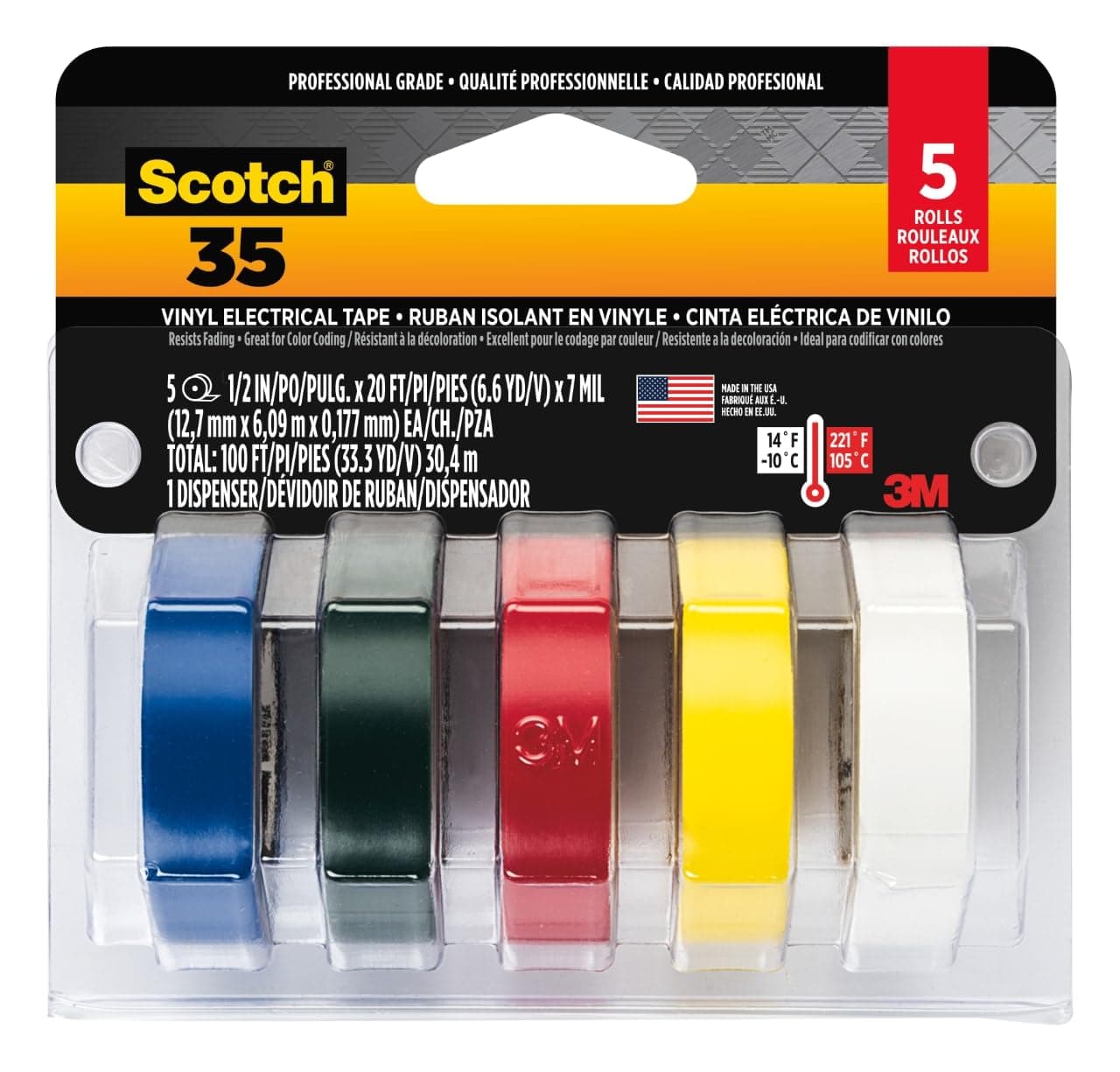 Scotch Vinyl 35 Electrical Tape, 5 Rolls, Multi-Color Pack, Ideal for Cable Jacket Repair & Electrical Insulation, Premium Vinyl Material for Durability, Indoor & Outdoor Use, High Adhesion (10457DC)
