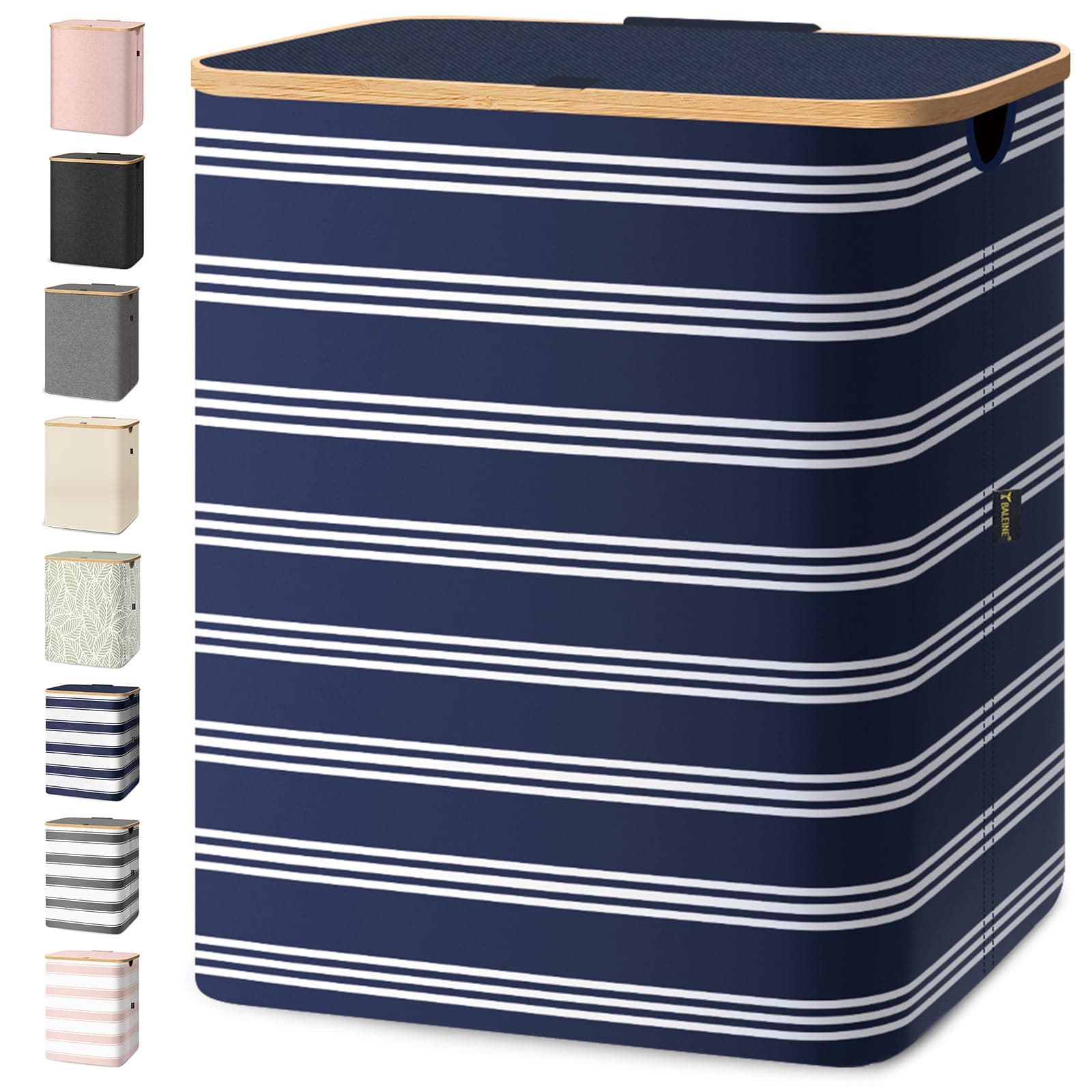 BALEINE Laundry Hamper with Lid, Tall Laundry Baskets with Bamboo Pull Handles, Large Laundry Bin with Internal Support (36 Gal/140L, Blue Pinstripe)