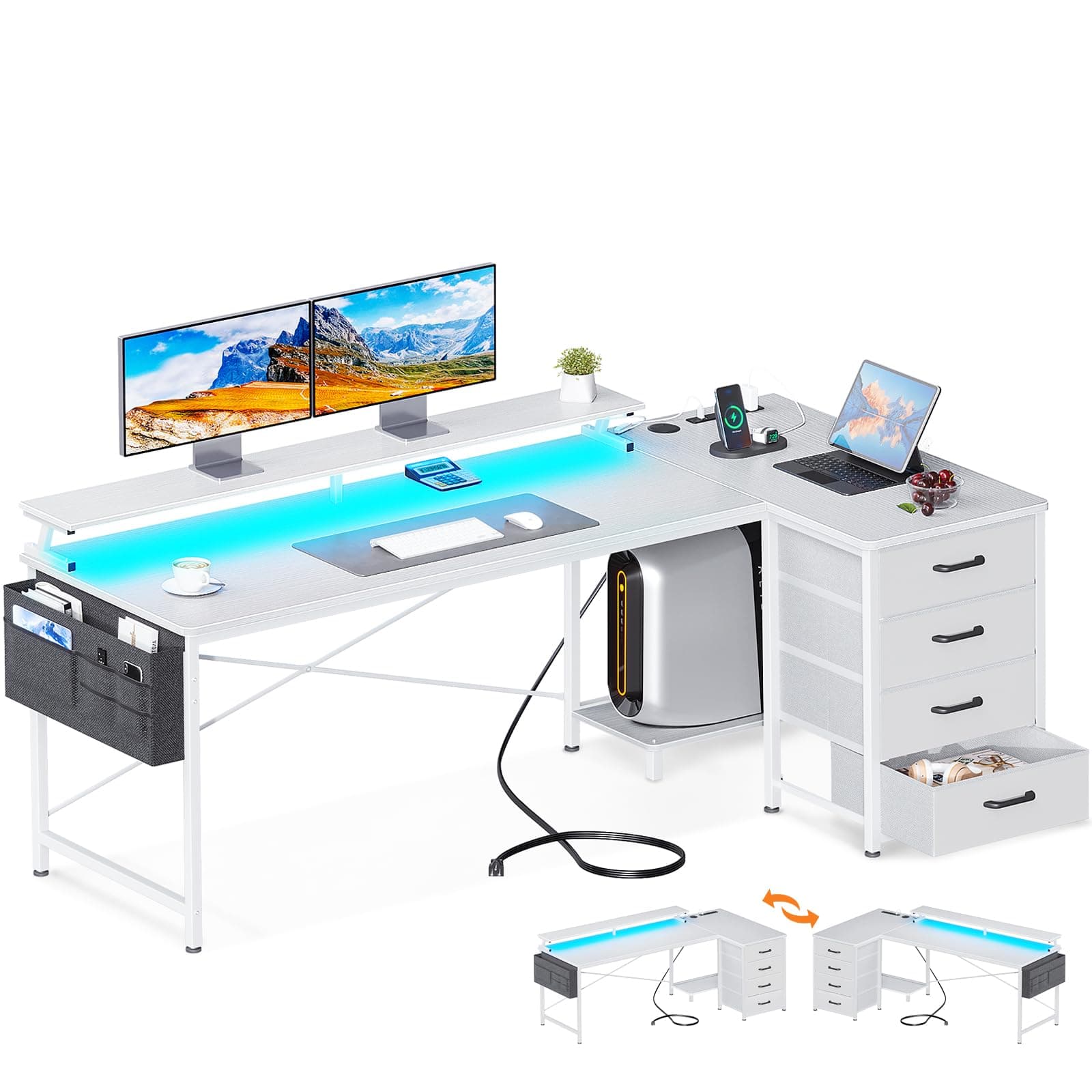 ODK 63-Inch Reversible L-Shaped Computer Desk with 4 Drawers, Gaming Desk with LED Lights & USB Power Outlets, White
