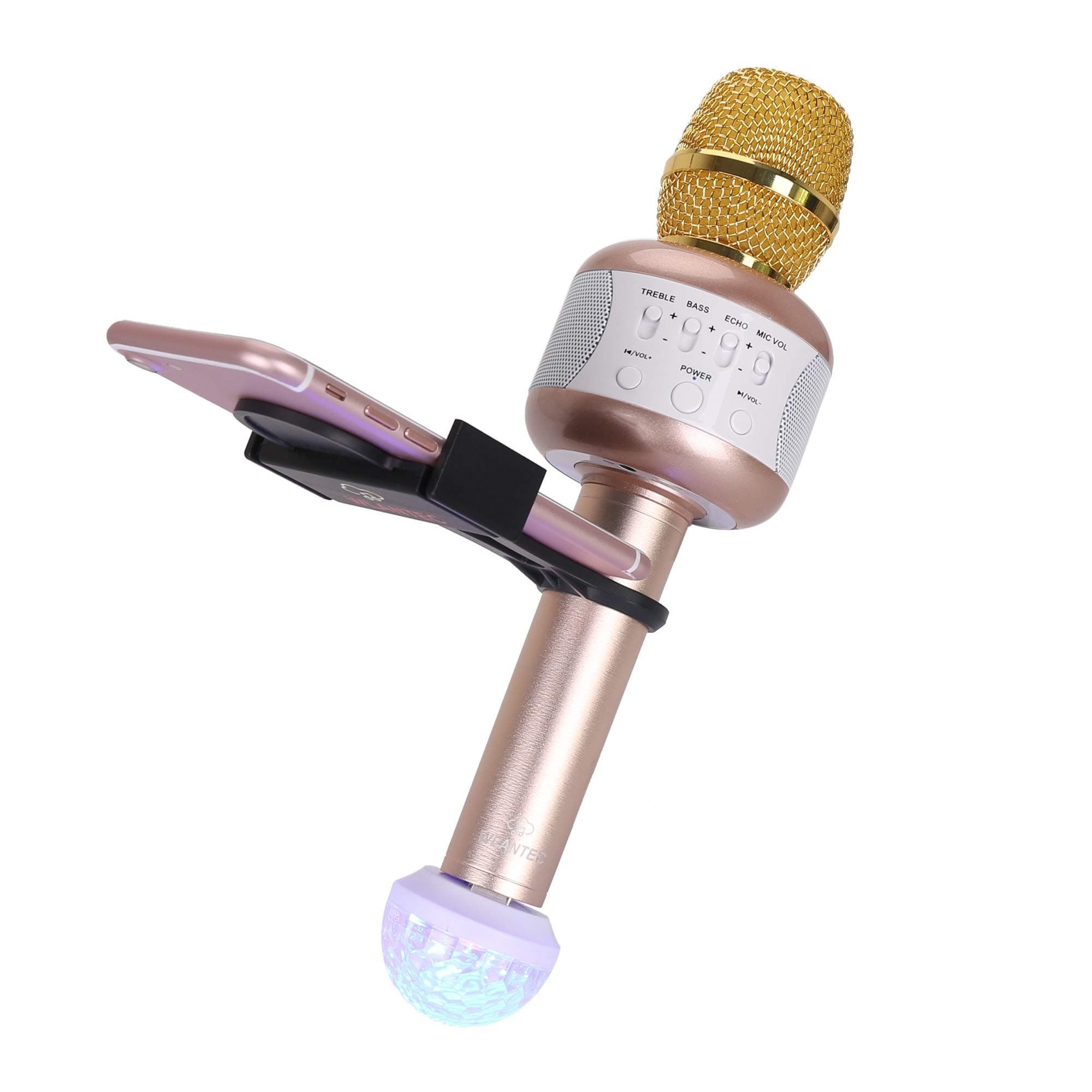 [Clearance] Wireless Karaoke Microphone E106 2.0 with Smartphone Holder and Disco Lights | Speaker - Mini Handheld Bluetooth Cellphone Karaoke Mic Machine for Apple, iPhone, Android, and PC (Gold)