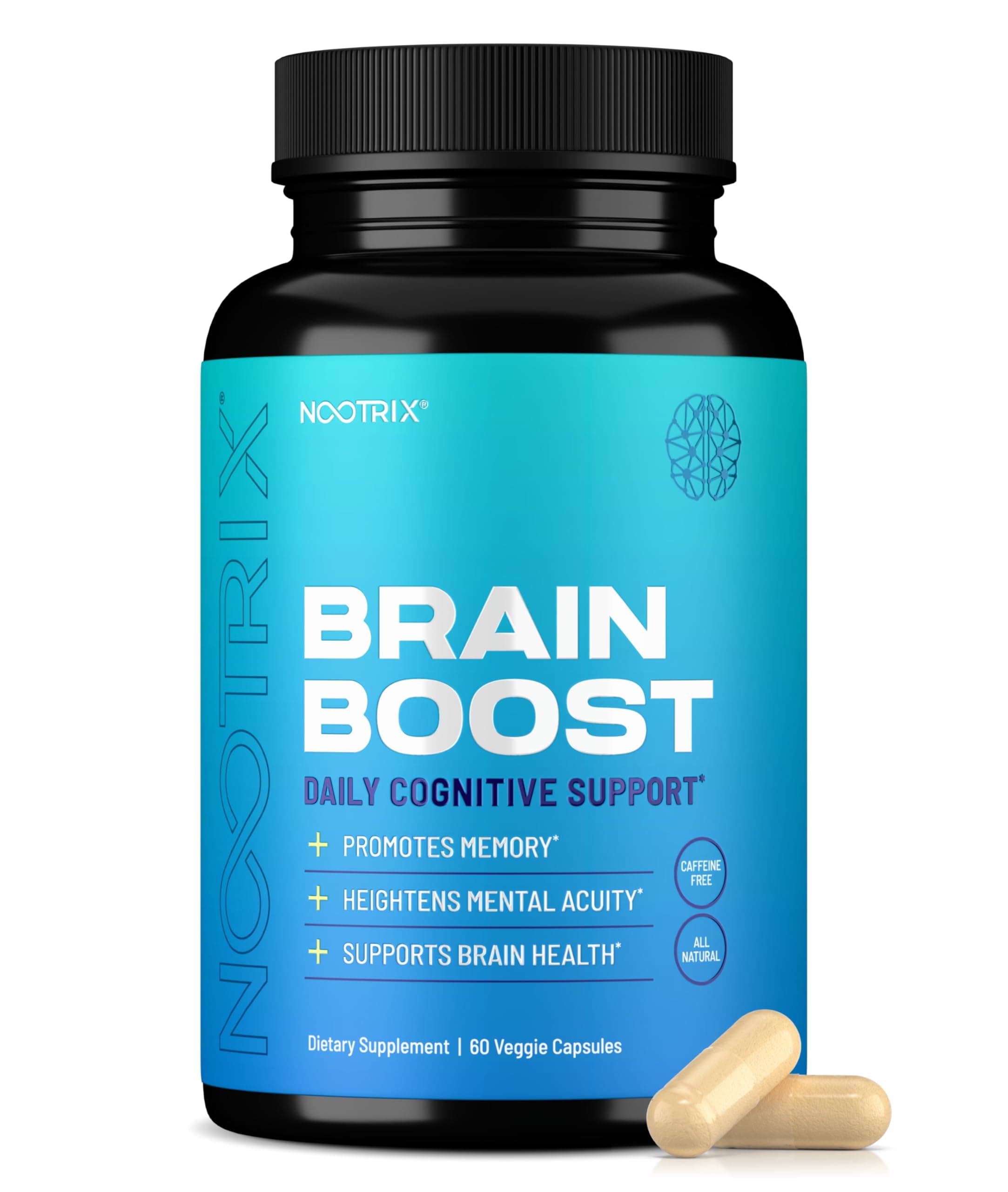 Brain Boost Nootropic Supplement | Supports Memory, Mental Focus, Cognitive Health & Energy | Caffeine-Free, Promotes Healthy Mood & Brain Function w/Gingko Biloba & DMAE | 60 Capsules
