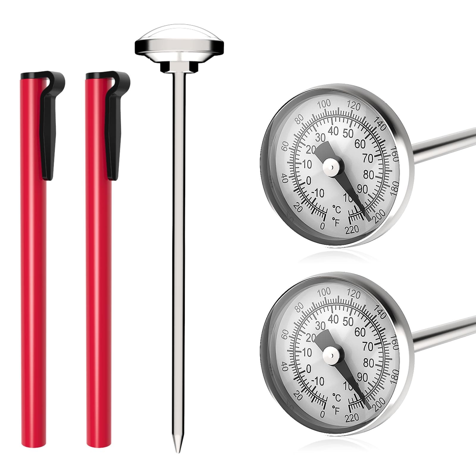 KT THERMO Kitchen Thermometer with 5 Inch Long Stem,Immediate Read Pocket Thermometer 1 Inch Dial Food Thermometer for Milk Frothing Oven Meat Cooking Probe Grill Coffee Water BBQ (2 Pcs) (Red)
