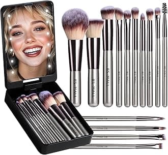 BS-MALLTravel Makeup Brush Set Foundation Powder Concealers Eye Shadows Makeup Set with LED light Mirror 14 Pcs (C-Champange)