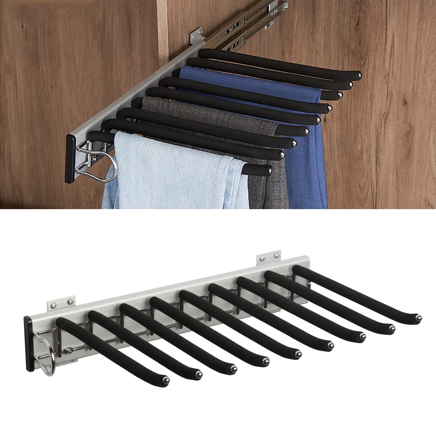 Pull Out Trousers Rack 9 Arms Retractable Closet Pants Hanger Side Mounted Space Saving Trouser Hanger Rack, Left Side Installation, Black