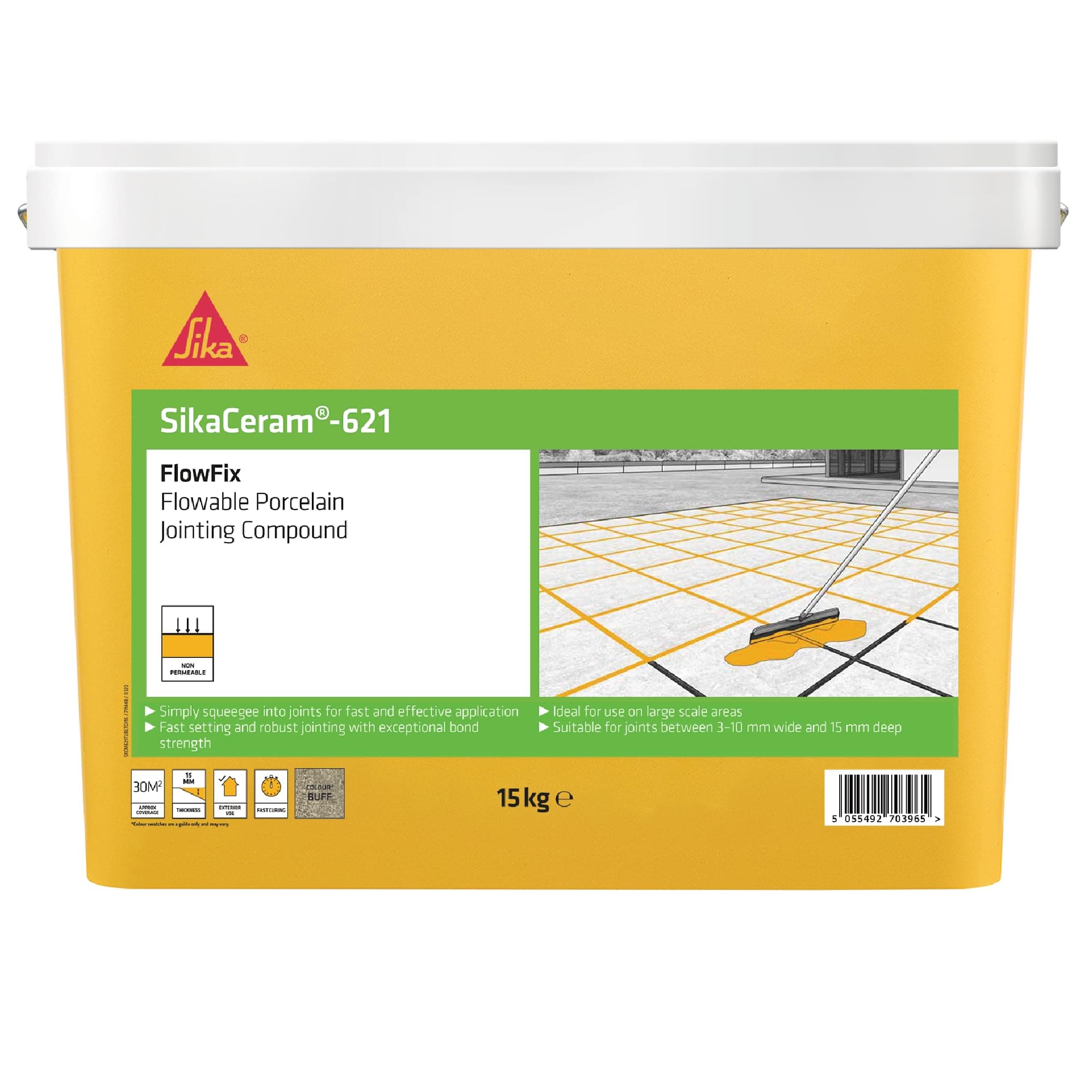 Sika SikaCeram 621 FlowFix Jointing Compound for Flowable Porcelain, Ceramic Paving and Grout Jointing Compound - Buff - 15 kg - 30 sq. m