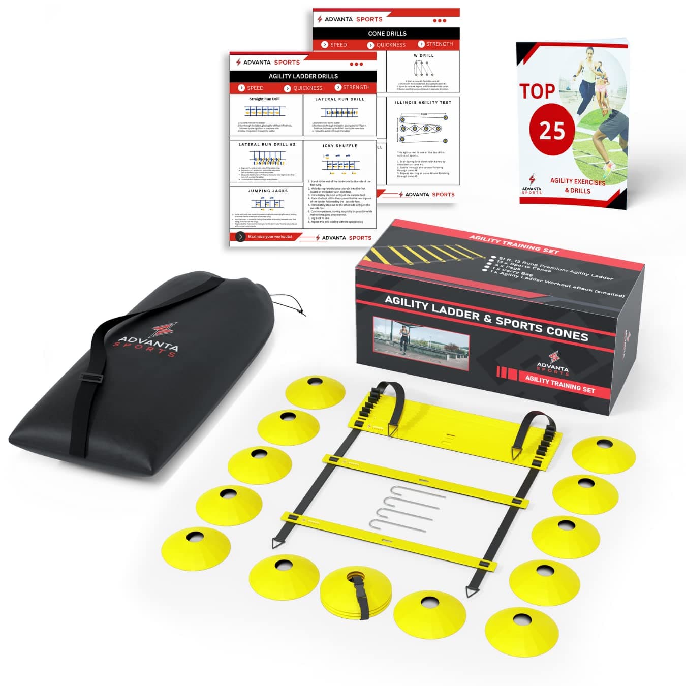 DELUXE EDITION Agility Ladder Training Set - 13 Rung 21ft Agility Ladder w/13 Disc Cones, Carry Bag - Improve Speed & Strength Soccer, Football, Basketball w/4 Steel Pegs for Outdoor Workout Charts