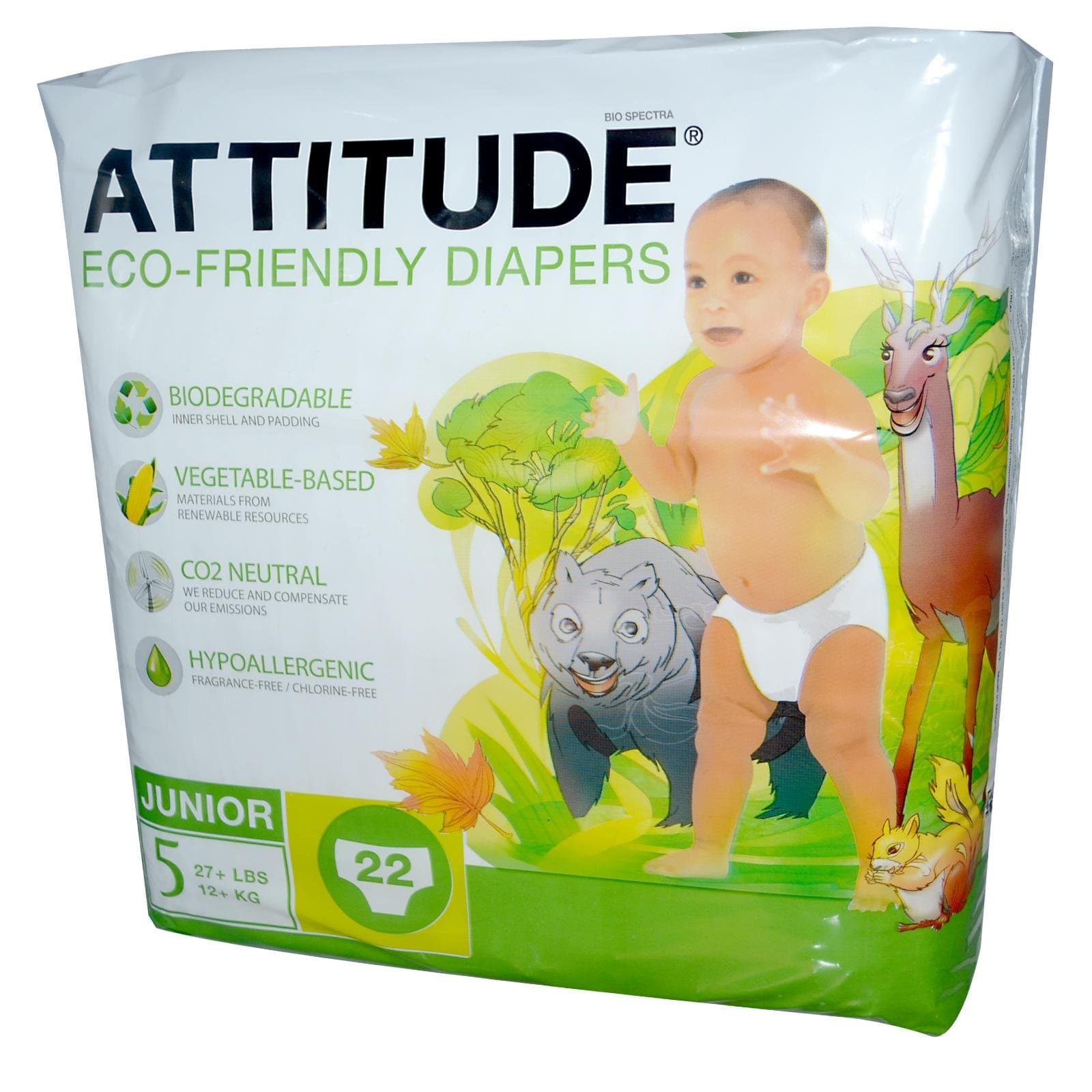 ATTITUDE, Eco-Friendly Diapers, Junior, Size 5, 27+ lbs (12+ kg), 22 Diapers