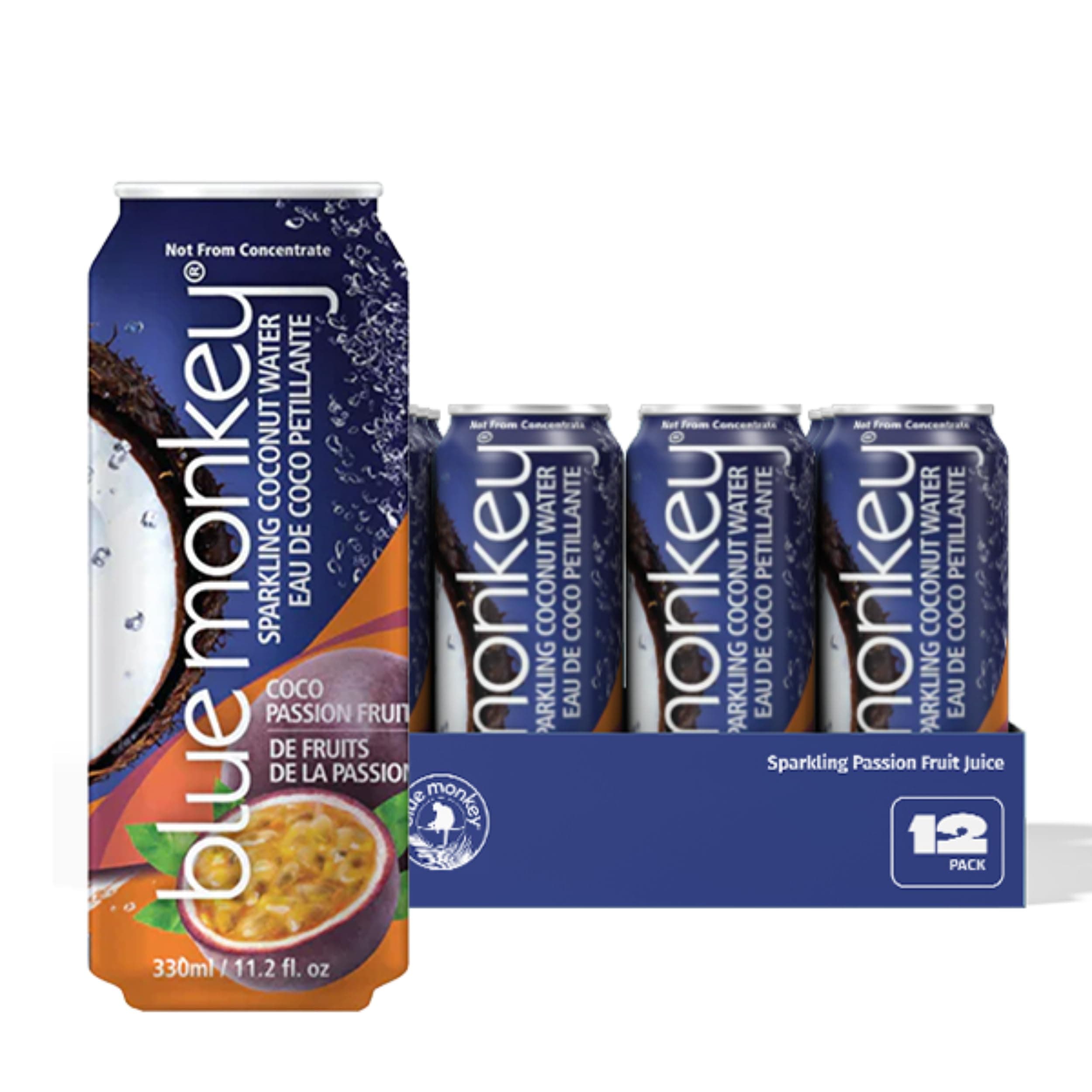 Blue Monkey Sparkling Coconut Water with Passion Fruit - 99.7% Coconut Water & Juice Blend - No Sugar Added, All Natural, Shelf Stable - Lightly Carbonated Tropical Beverage - 11.2oz (330ml) 12-Pack
