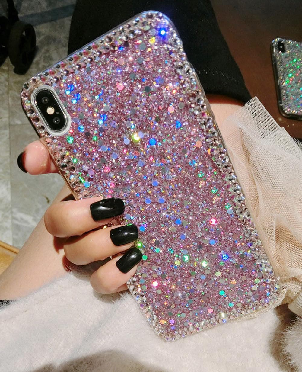 for iPhone XR Case,for iPhone XR Glitter Sparkle Bling Case for Girly Women,Rhinestone Bumper Protective Pink Cover for Apple iPhone XR (Pink)