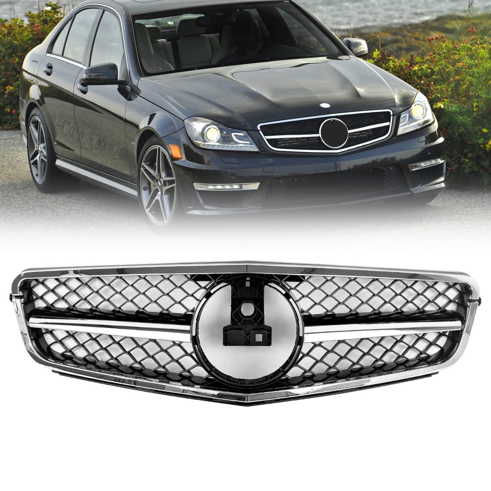 W204 Grill Front Grille Compatible with 2008 2009 2010 2011 2012 2013 2014 Mercedes Benz W204 C Class C250 C300 C350 (AMG Style-Chrome Black)