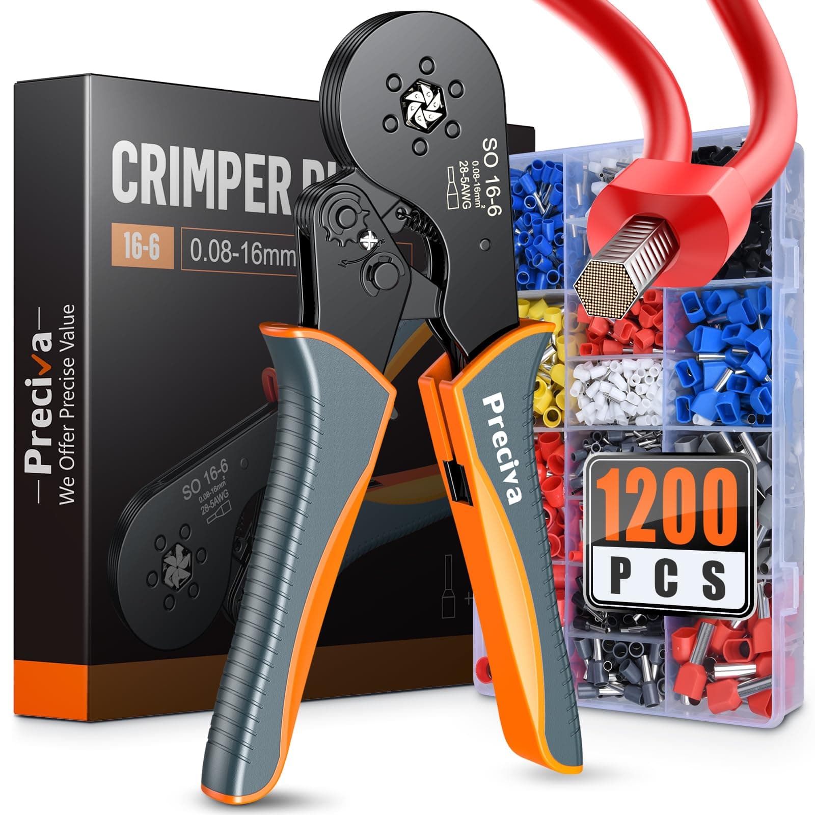 Preciva Ferrule Crimping Tool Kit, Upgrade Double & Single Ferrules Connectors,16-6 Hexagonal Ratchet Jaw Wire Crimping Pliers AWG 28-5 (0.08-16mm²) with 1200PCS Terminal Connector Sleeves