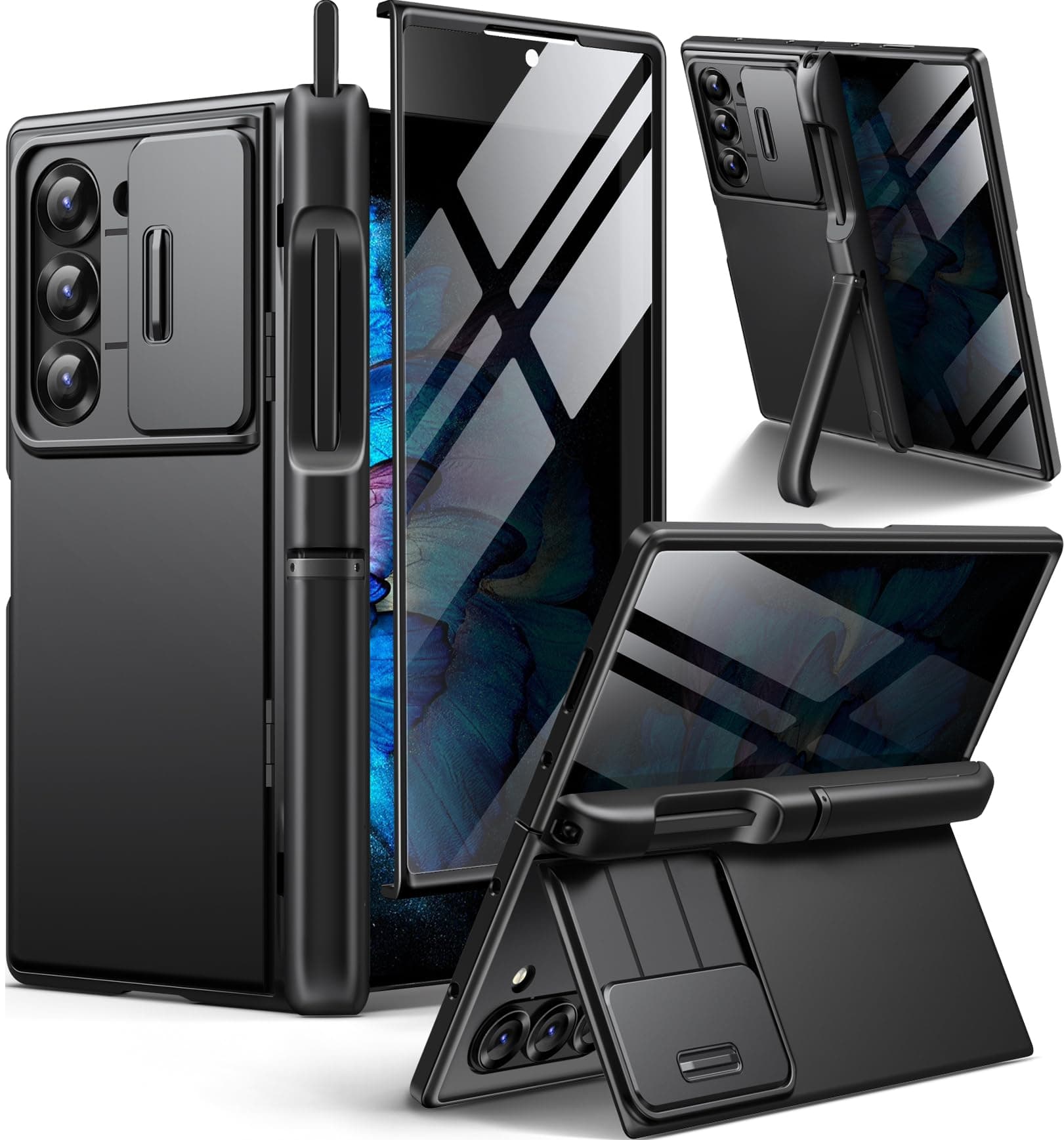 BERFY for Z Fold 6 Case with Privacy Screen Protector, [Anti Spy] Built-in S Pen Holder, Slide Camera Cover, 2 Hidden Kickstand, Full-Body Shockproof Slim Phone Case for Samsung Galaxy Z Fold 6, Black