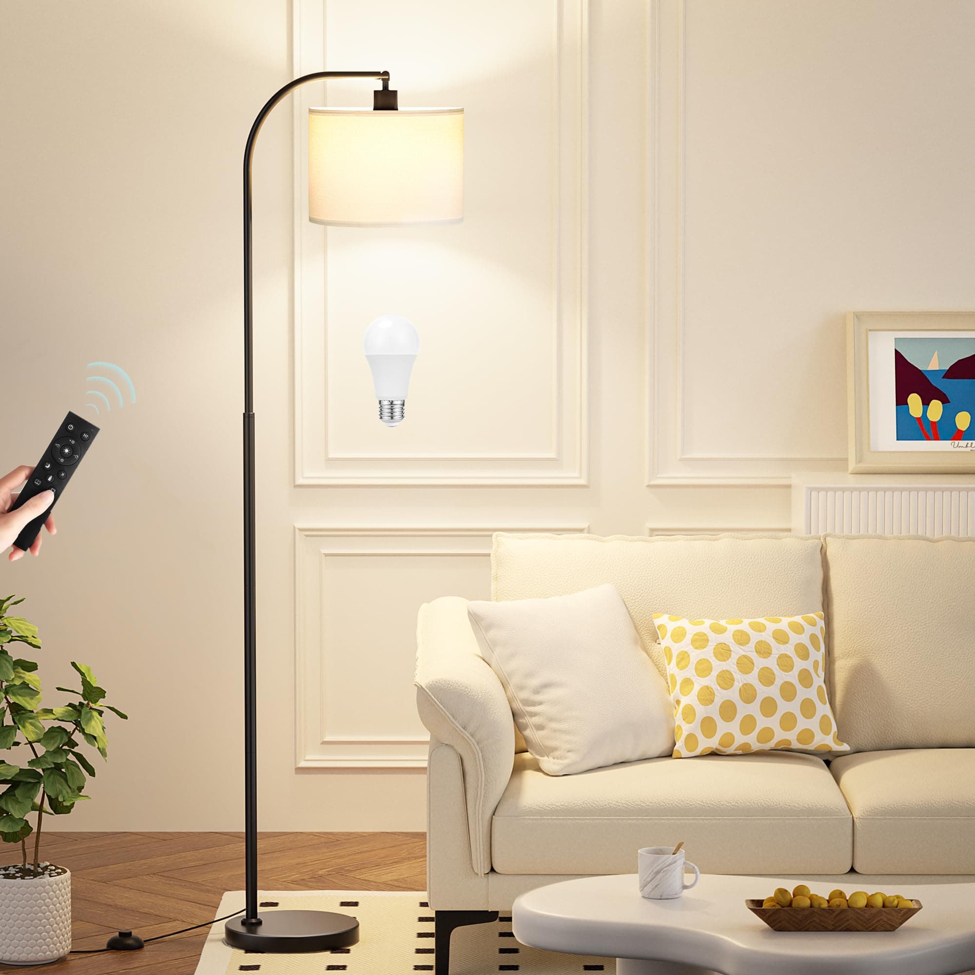 Arc Floor Lamp with Remote and Stepless Dimmable Bulb, Colors Temperature & Brightness Adjustable, Floor Lamps for Living Room（White Shade & Black Pole）
